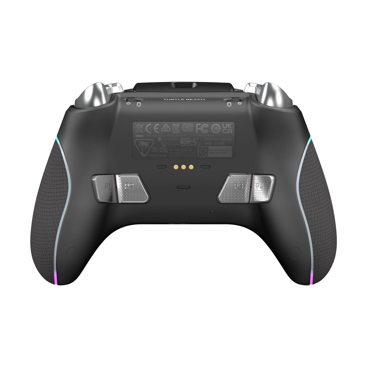 Black game controller, rear view, with buttons, silver triggers, and colorful side accents.