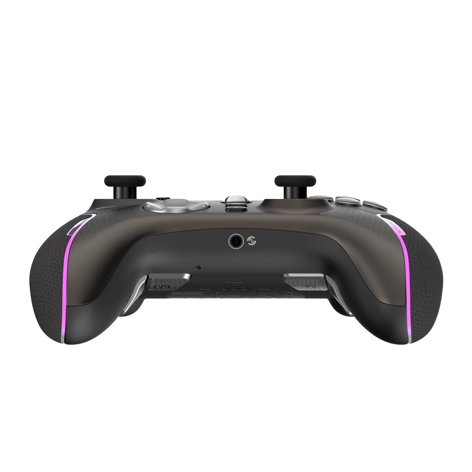 A black game controller with pink and purple lights, seen from below.
