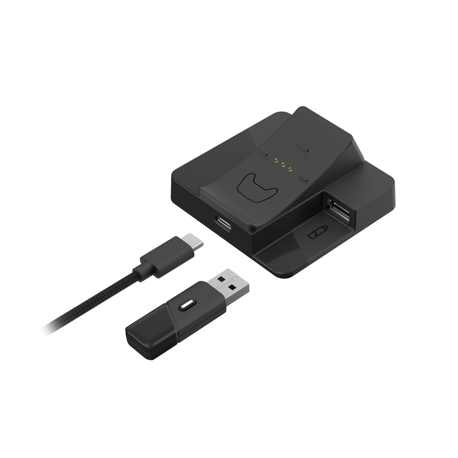 Black charging dock with USB-C cable and USB dongle.
