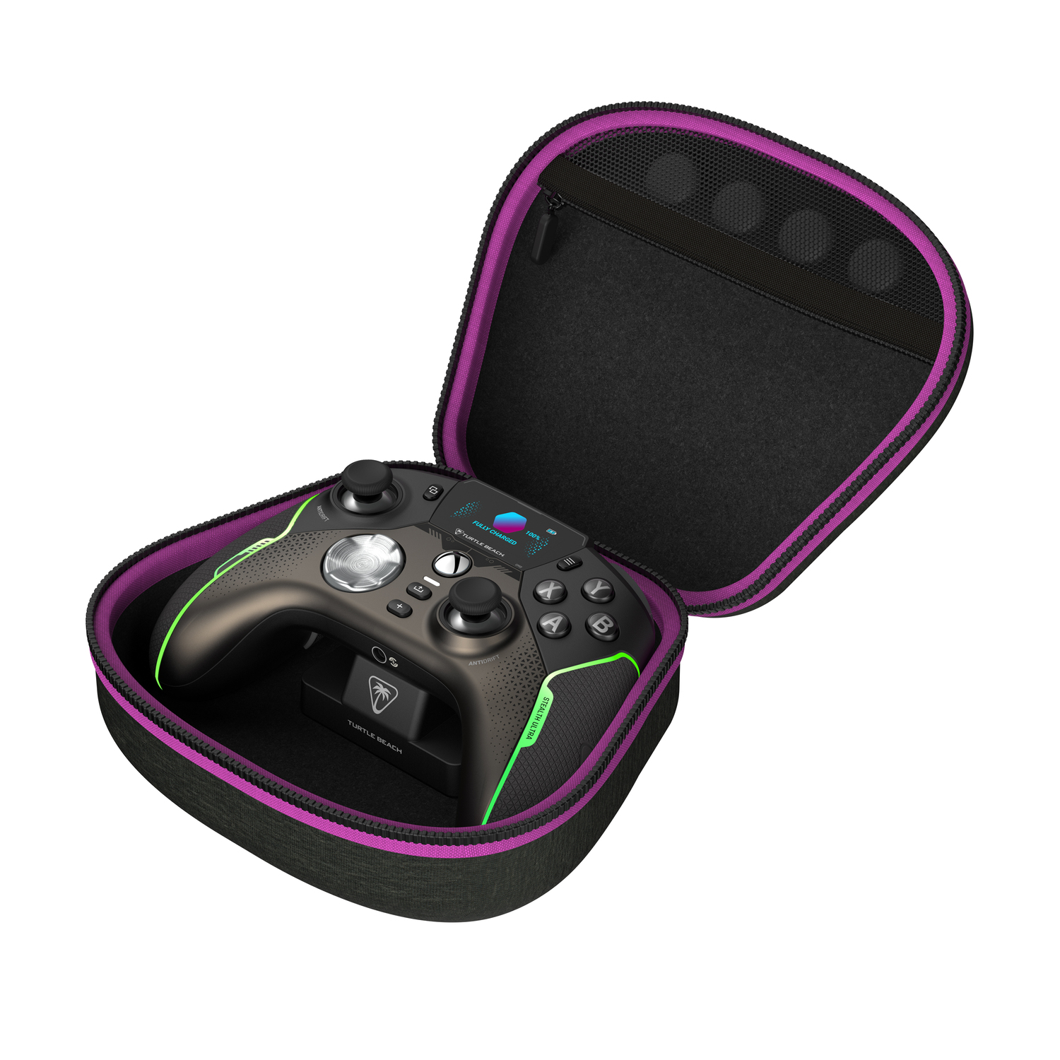 Gaming controller in a carrying case with a zip, open, black and purple.