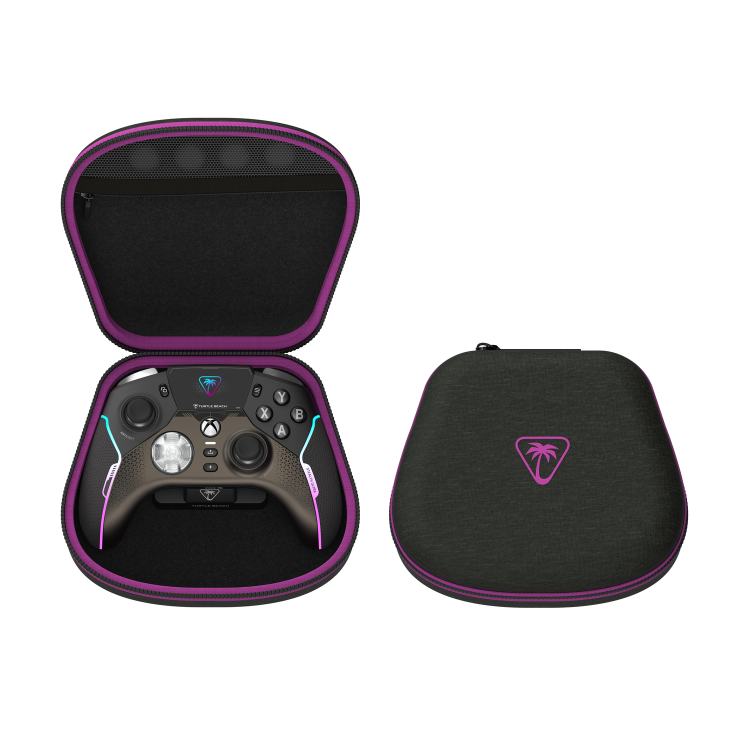 A gaming controller in a protective case. Case is black with purple trim, controller is dark with purple accents.