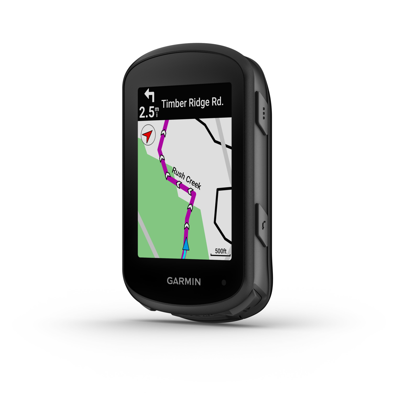 A black Garmin device displays a map with a route highlighted, with buttons on the side.
