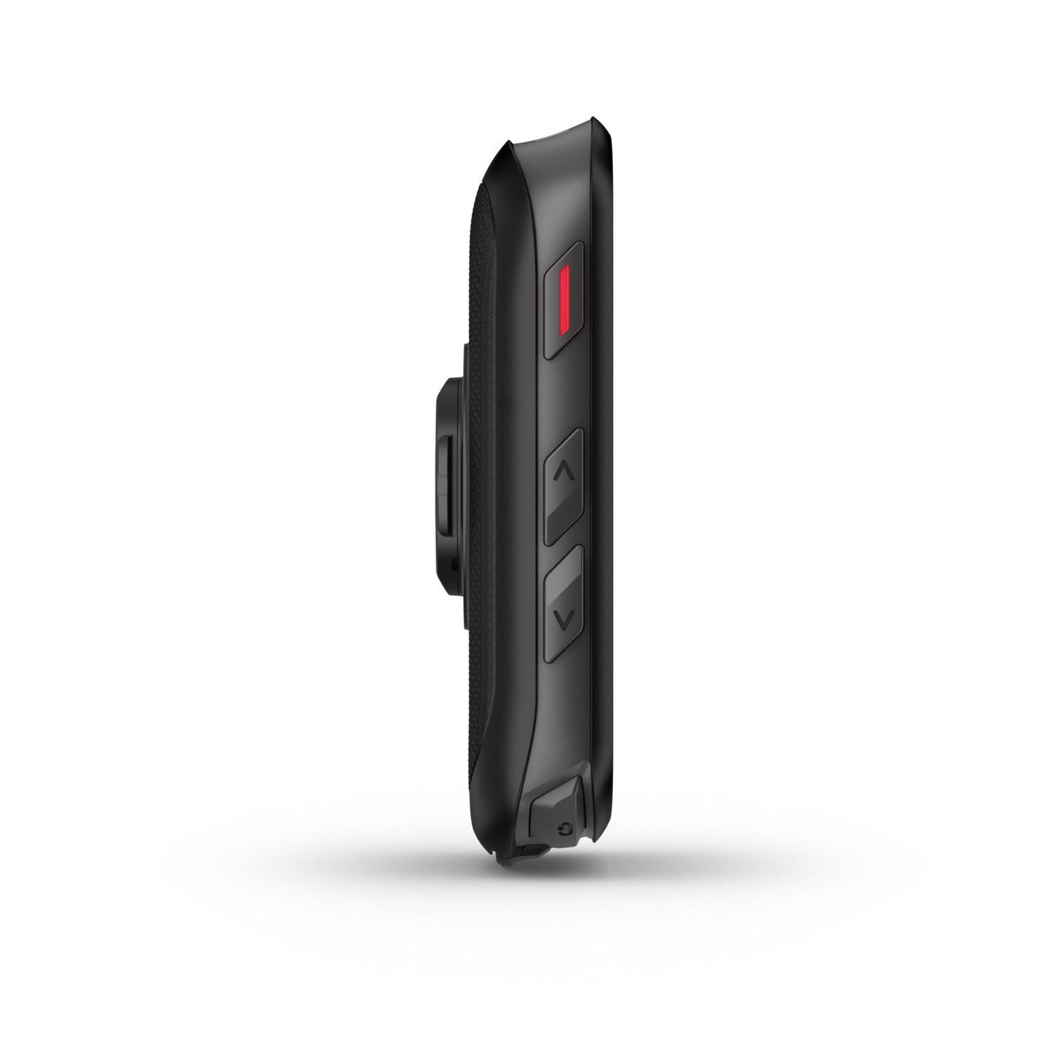 A black device with buttons, likely a Garmin cycling computer, seen from the side.