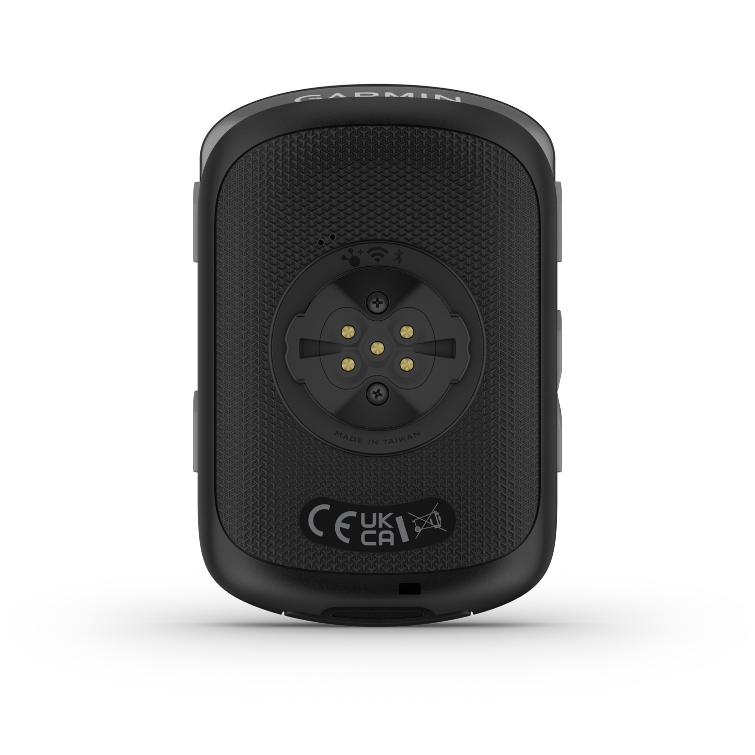 The back of a Garmin device with a circular sensor area and a textured, black surface. Made in Taiwan is printed.