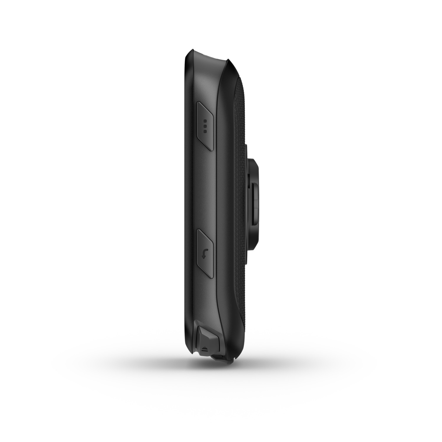 Black Garmin device, side view, showing buttons and charging port, white background.