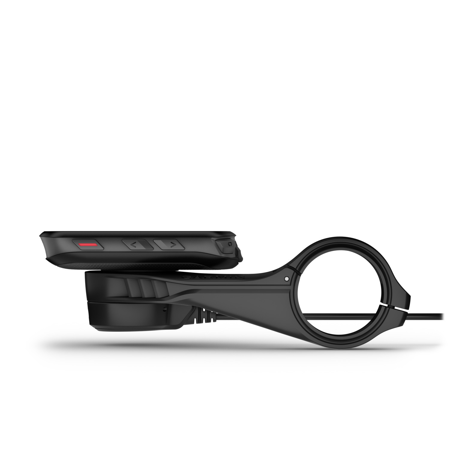 Black bike computer mounted on a bicycle handlebar clamp.