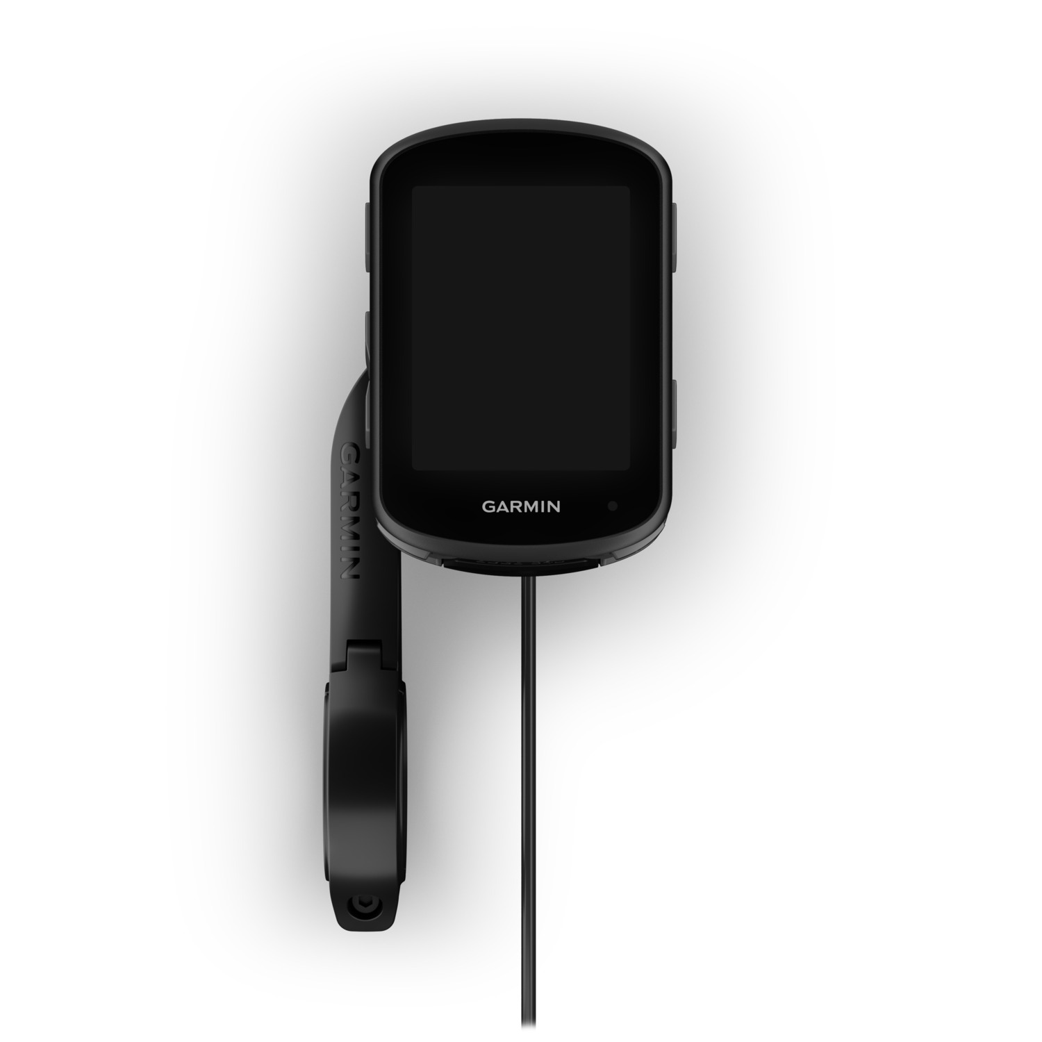 Black Garmin cycling computer mounted on a bike. Shows the device with a charging cable.