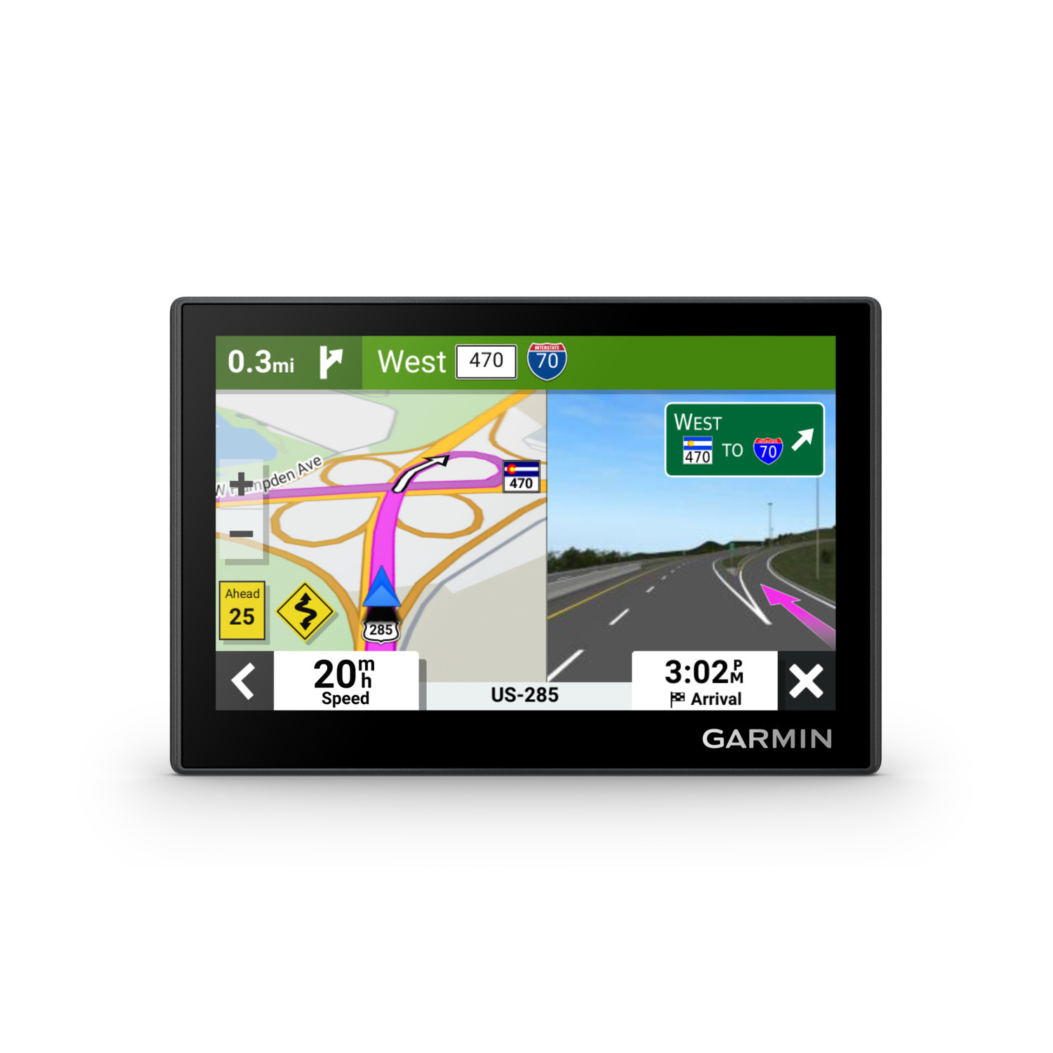 Het scherm van een Garmin GPS-apparaat toont een kaart met navigatie-informatie, route en snelheidsdetails.
