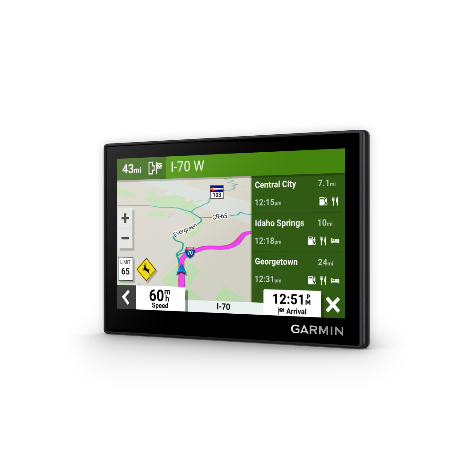 Een Garmin GPS-apparaat dat een kaart weergeeft met route-informatie en details over de snelheidslimiet.