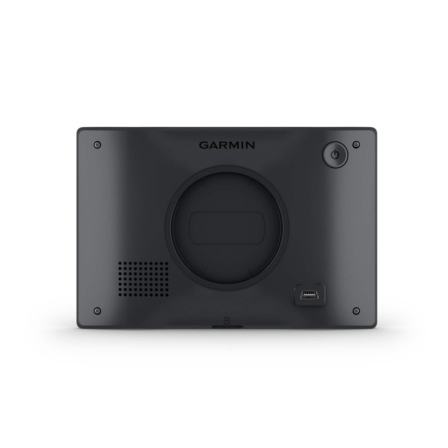 De achterkant van een zwart Garmin-apparaat met USB-poort, aan/uit-knop en luidsprekergaten.