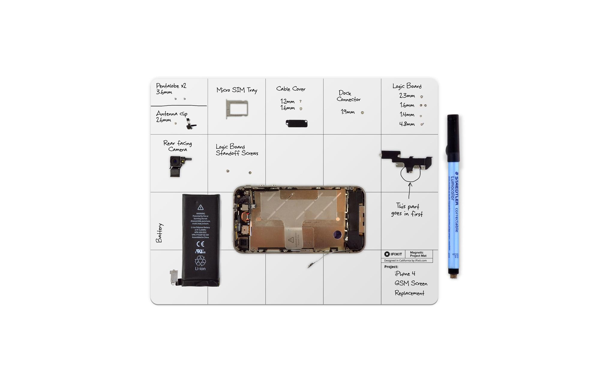 Diagramm der Telefonkomponenten, mit Text beschriftet, auf weißer Oberfläche. Ein schwarzer Marker ist vorhanden.