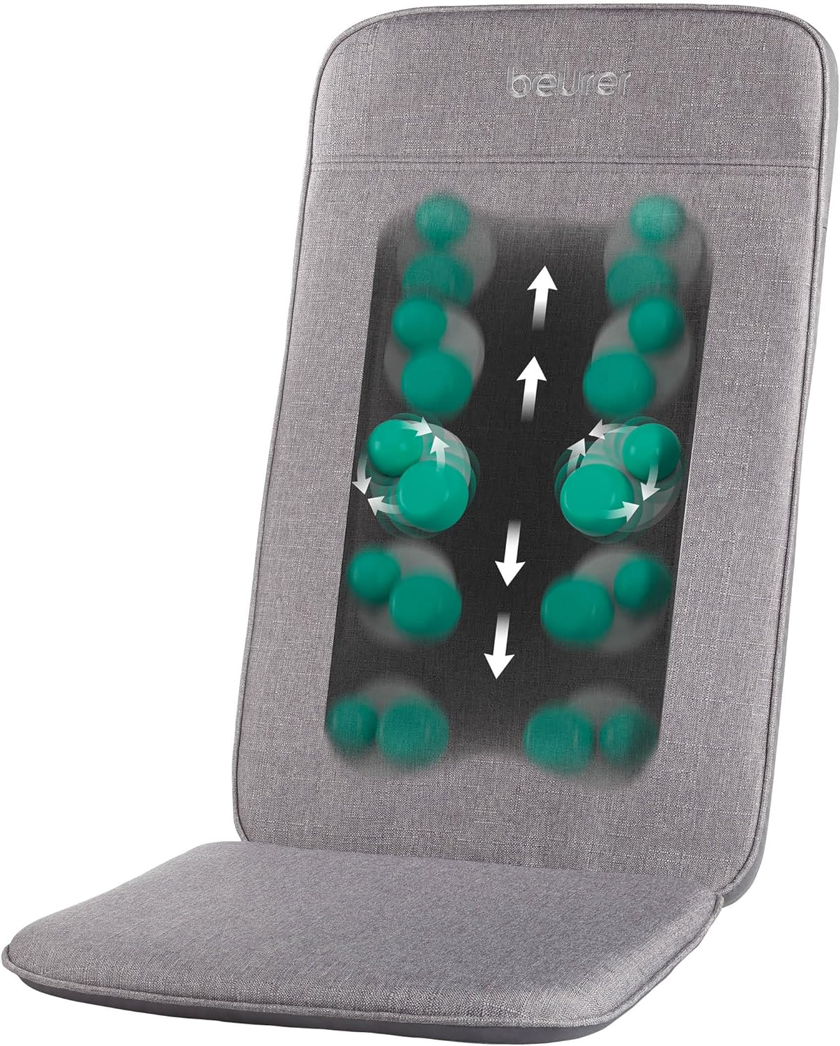 Siège de massage gris avec nœuds de massage verts, flèches blanches indiquent la direction du mouvement. Marque 'beurer'.