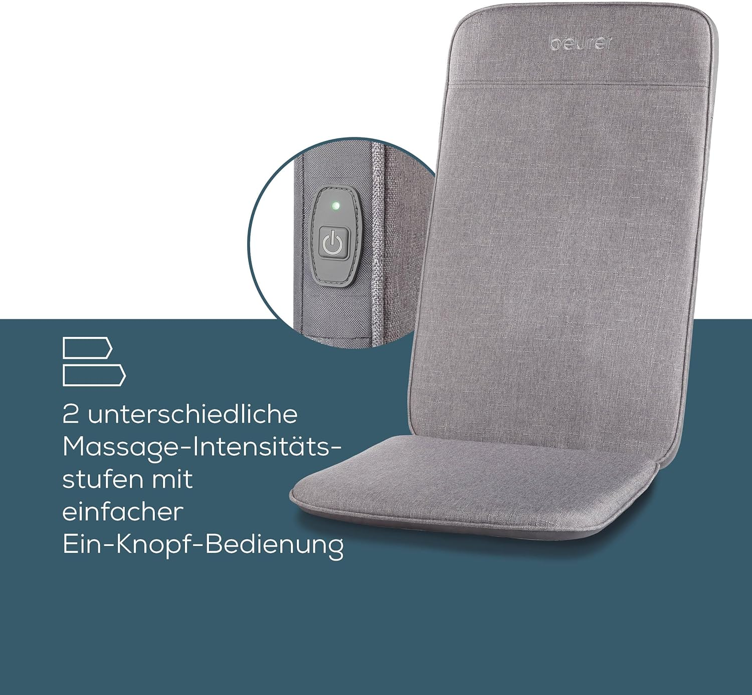 Un coussin de siège de massage gris avec panneau de contrôle et texte sur l'intensité.