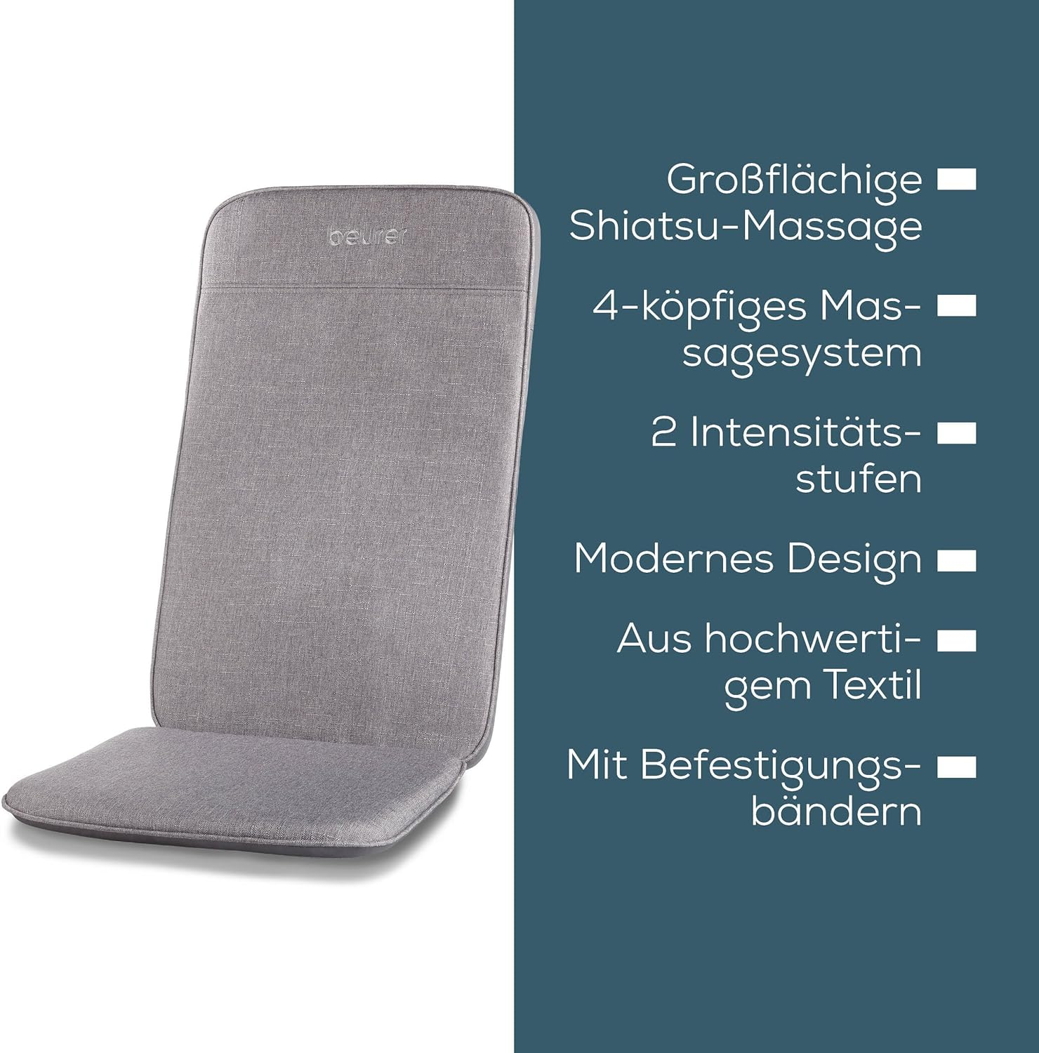 Un coussin de chaise de massage gris avec du texte décrivant des caractéristiques telles que le massage shiatsu et les niveaux d'intensité.