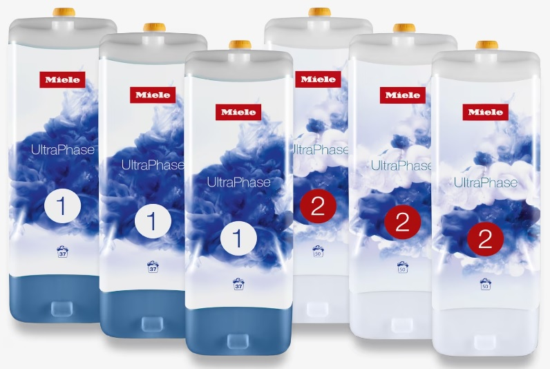 Sześć wkładów do prania Miele UltraPhase. Każdy wkład jest niebiesko-biały, z numerami 1 i 2.