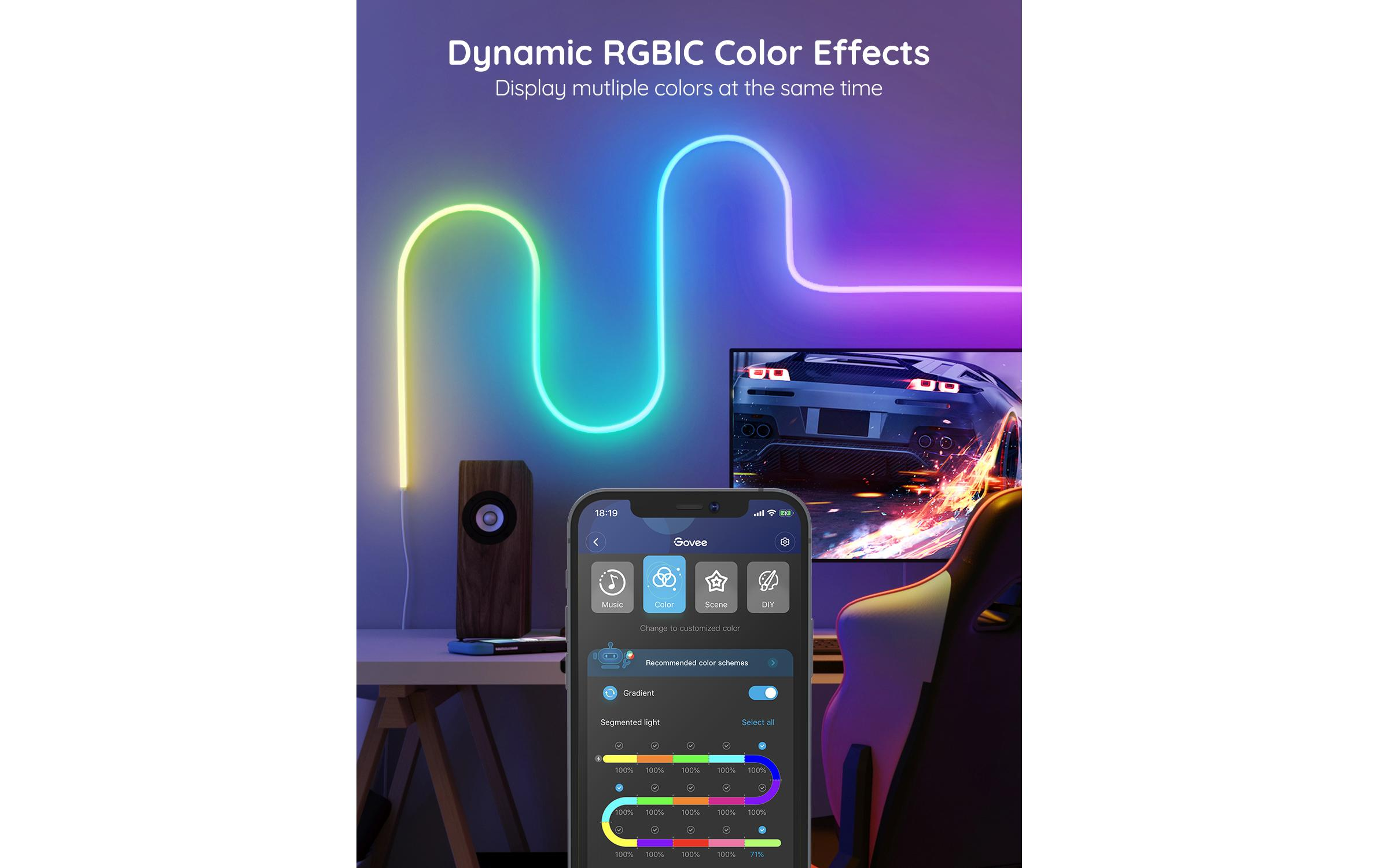 Ein Smart-Home-Setup mit LED-Leuchten, die dynamische RGBIC-Farbeffekte von einer mobilen App ausstrahlen.