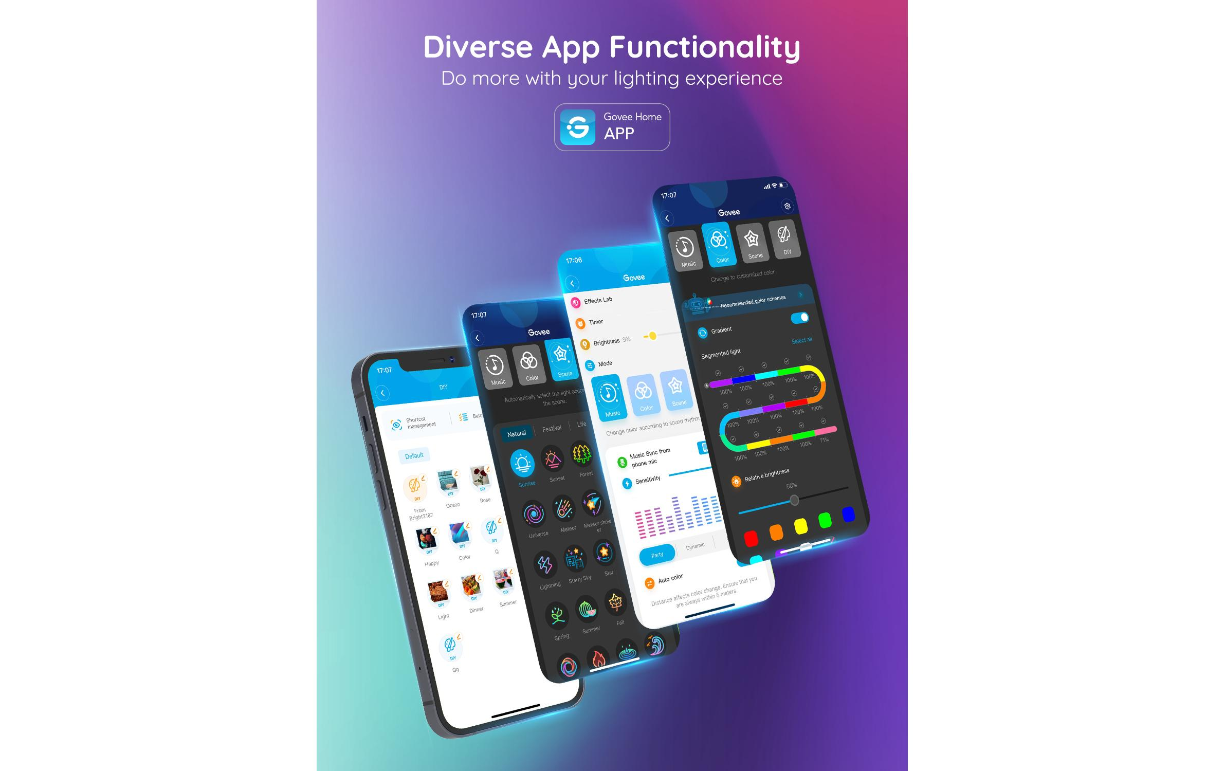 Drei Smartphones, die App-Oberflächen mit verschiedenen Beleuchtungssteuerungsoptionen anzeigen, mit lila Hintergrund.