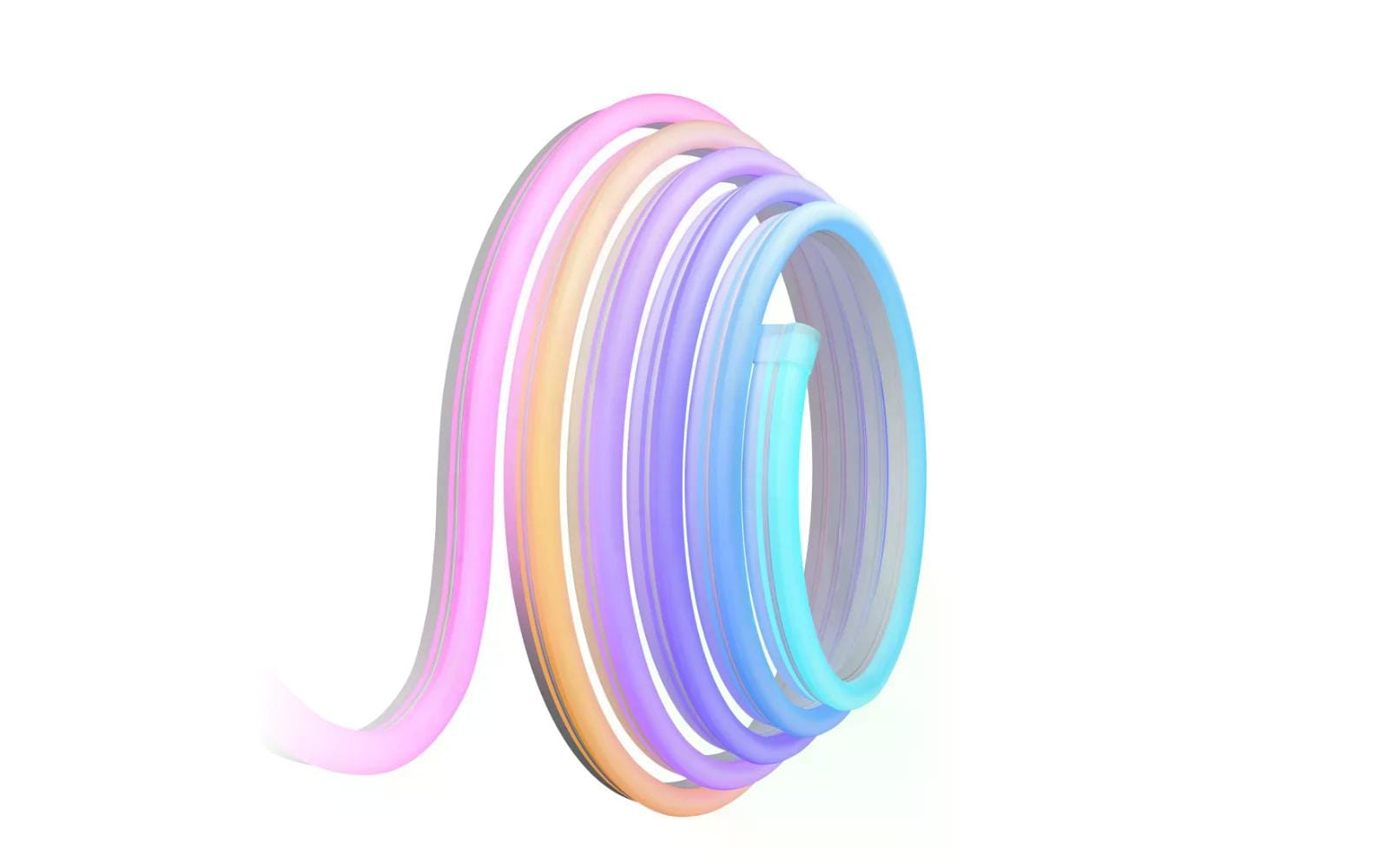 Ein gewickelter, mehrfarbiger LED-Streifen, der von Pink zu Blau übergeht.