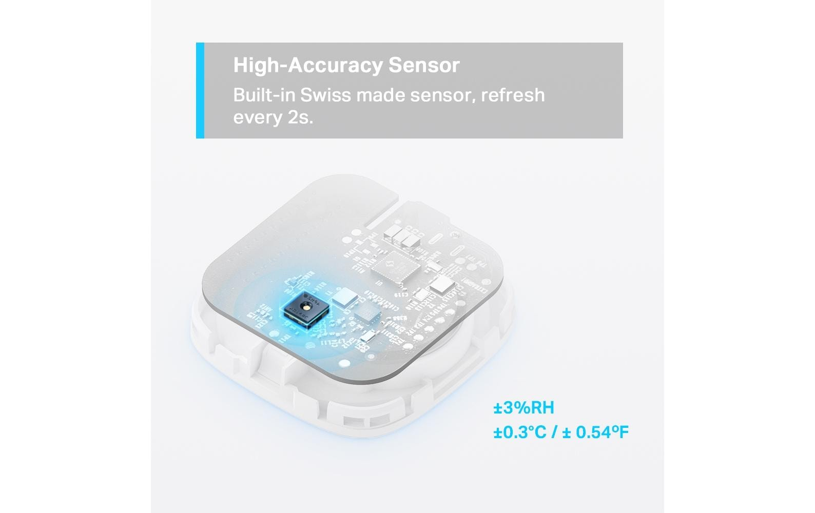 Kleines Sensorgerät mit Innenkomponenten. Text: 'High-Accuracy Sensor'. Weißer Hintergrund.