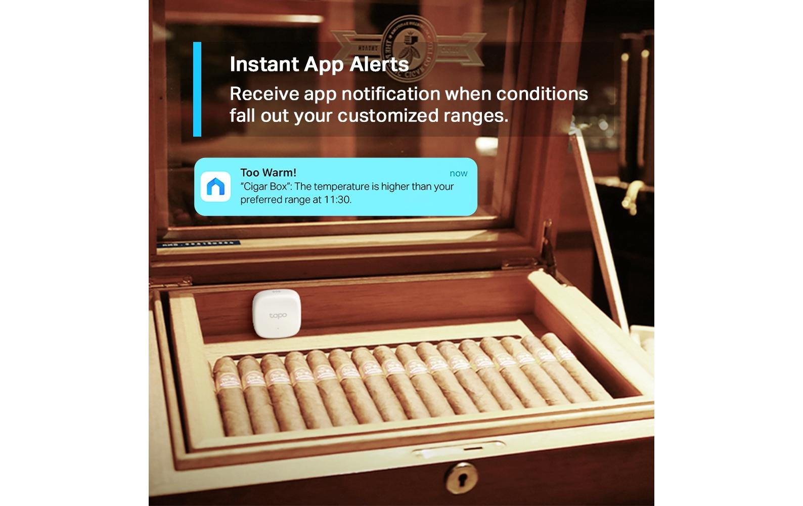 Ein Sensor in einem Humidor zeigt eine App-Benachrichtigung: "Zu warm!".