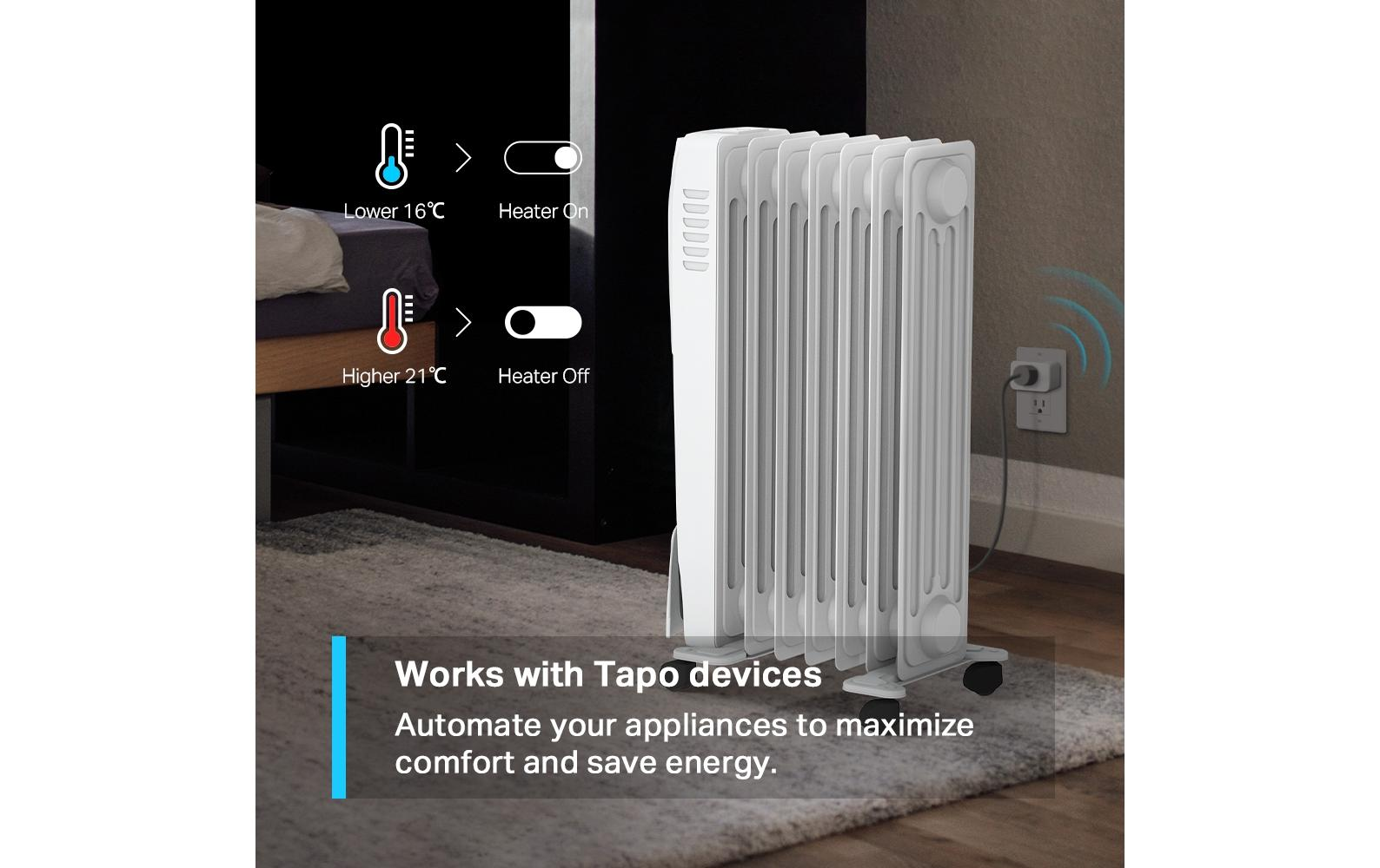 Eine weiße Heizung mit Digitalanzeige, die Temperatureinstellungen und eine Smart-Home-Integration zeigt.