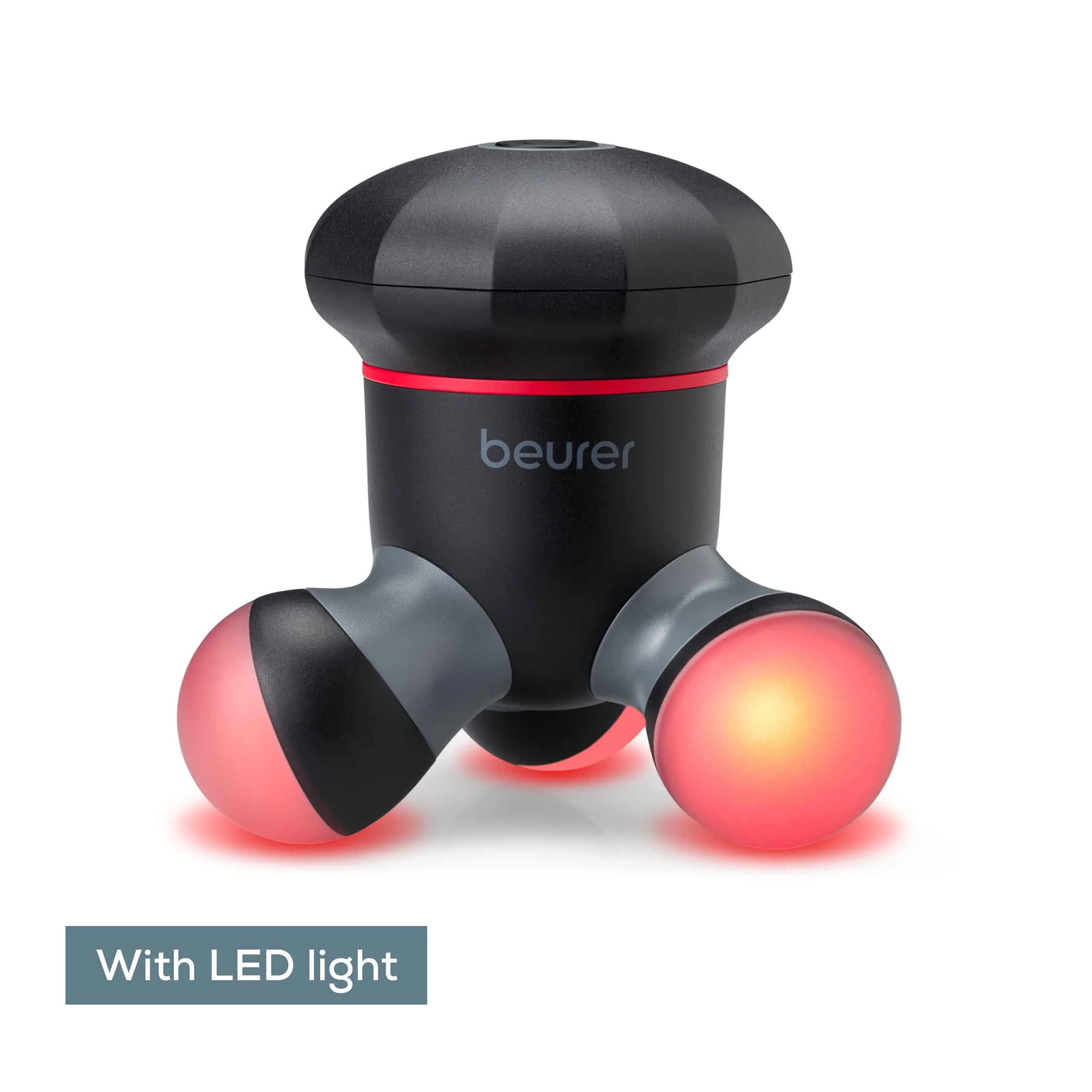 Un massaggiatore nero e grigio con luci LED rosse sul fondo, isolato su sfondo bianco.