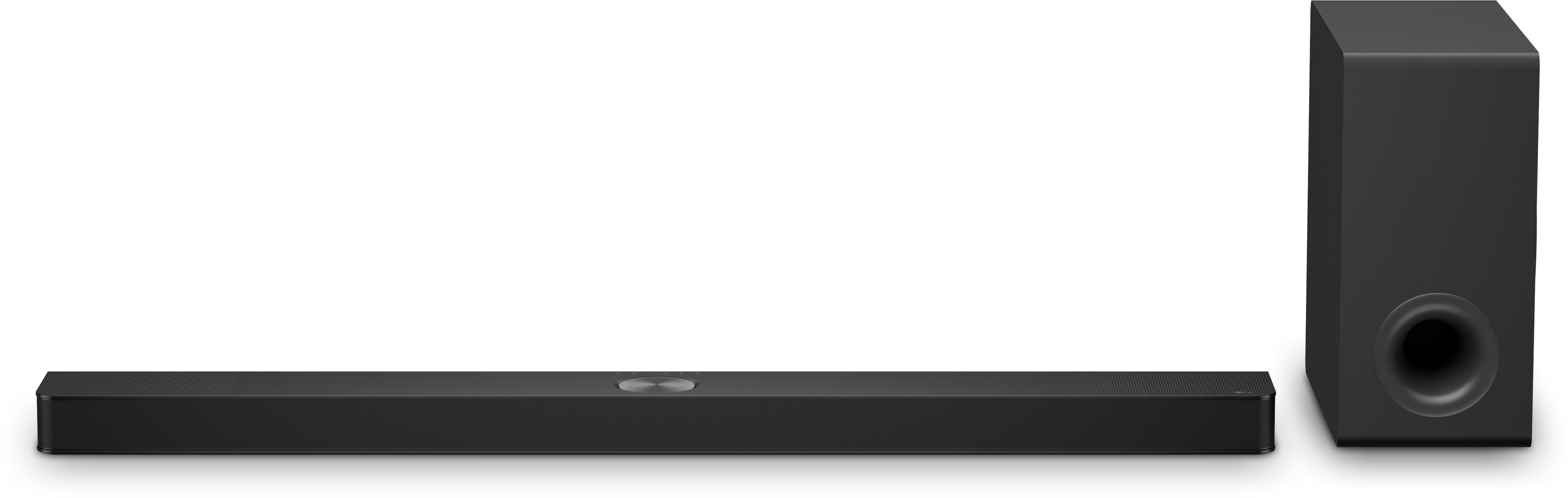 Eine schwarze Soundbar mit einem Subwoofer rechts, vor weißem Hintergrund.