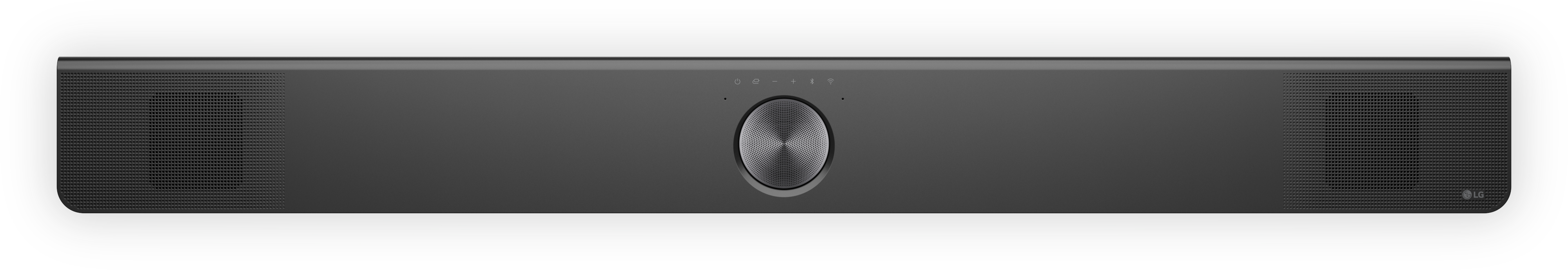Schwarze Soundbar auf weißem Hintergrund. Lange, rechteckige Form, Lautsprecherlöcher und ein zentrales Bedienelement.