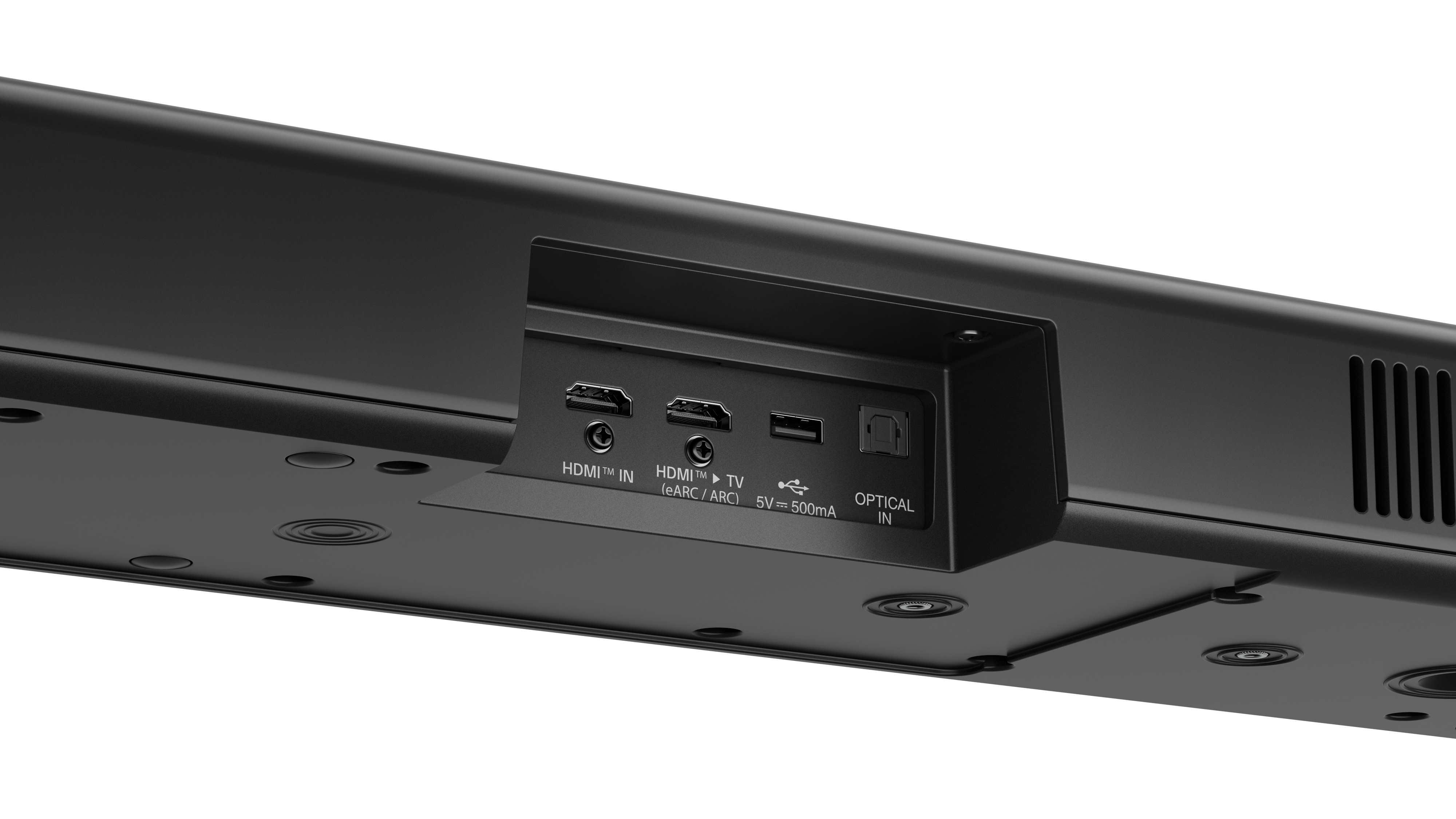 Nahaufnahme der Anschlüsse auf der Rückseite einer schwarzen Soundbar. Mehrere HDMI- und optische Anschlüsse sind sichtbar.
