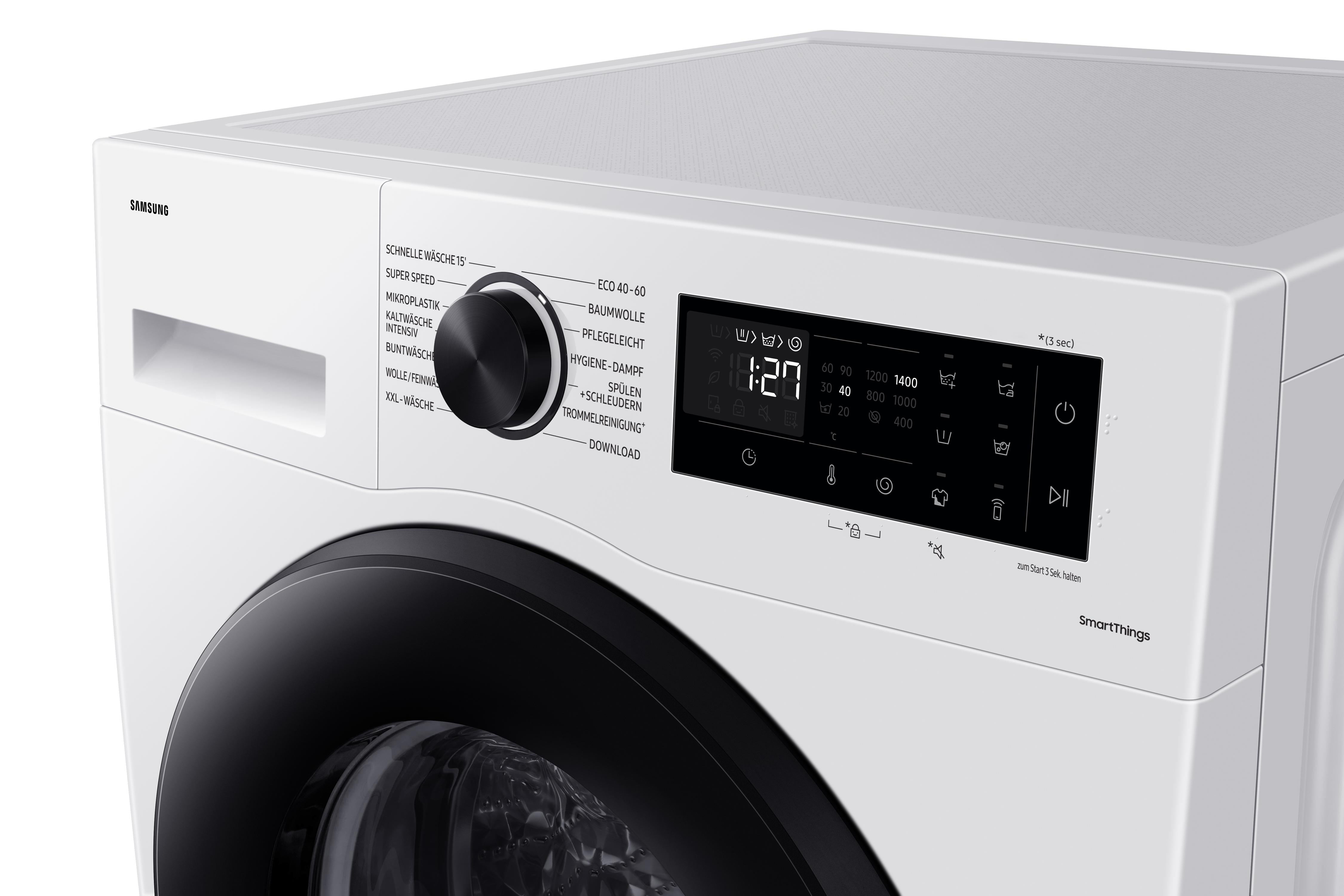 Weiße Samsung Waschmaschine mit Display und Bedienknopf.