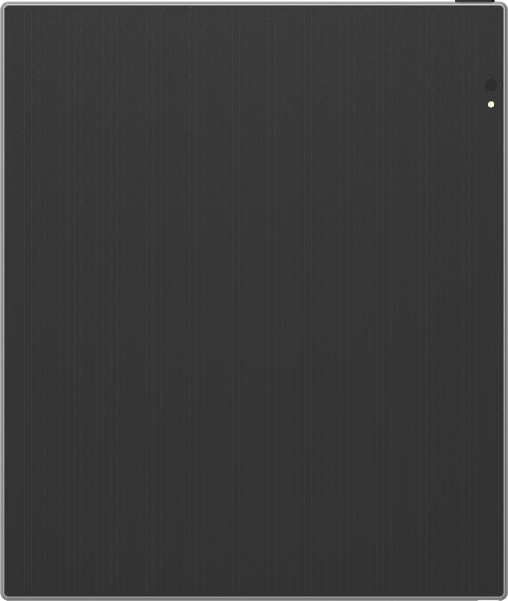 Schwarz-schieferartige Tablette mit schmalem Rahmen. Auf weißem Hintergrund.