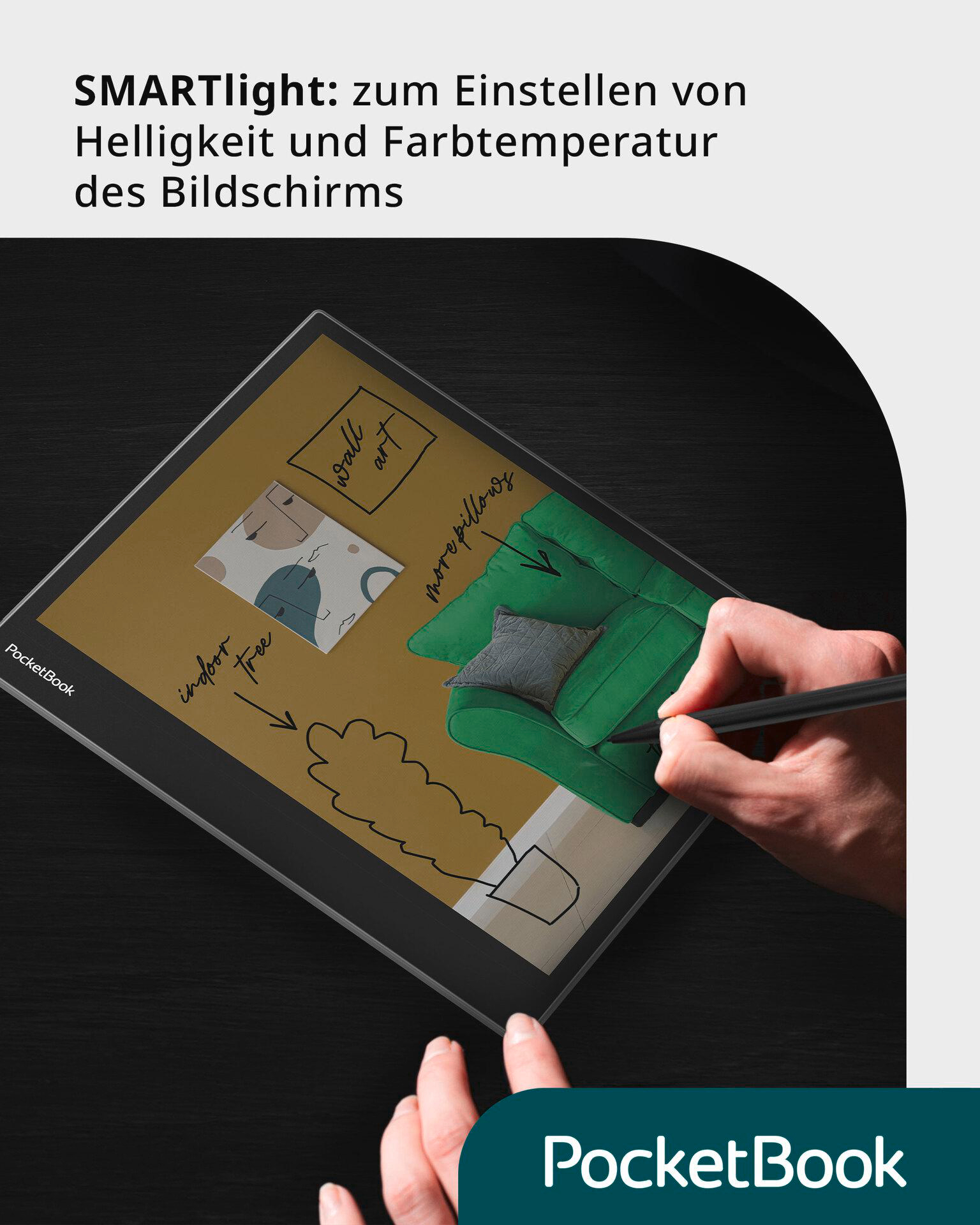 Person verwendet Stift auf E-Reader mit Zeichnung auf schwarzem Tisch.