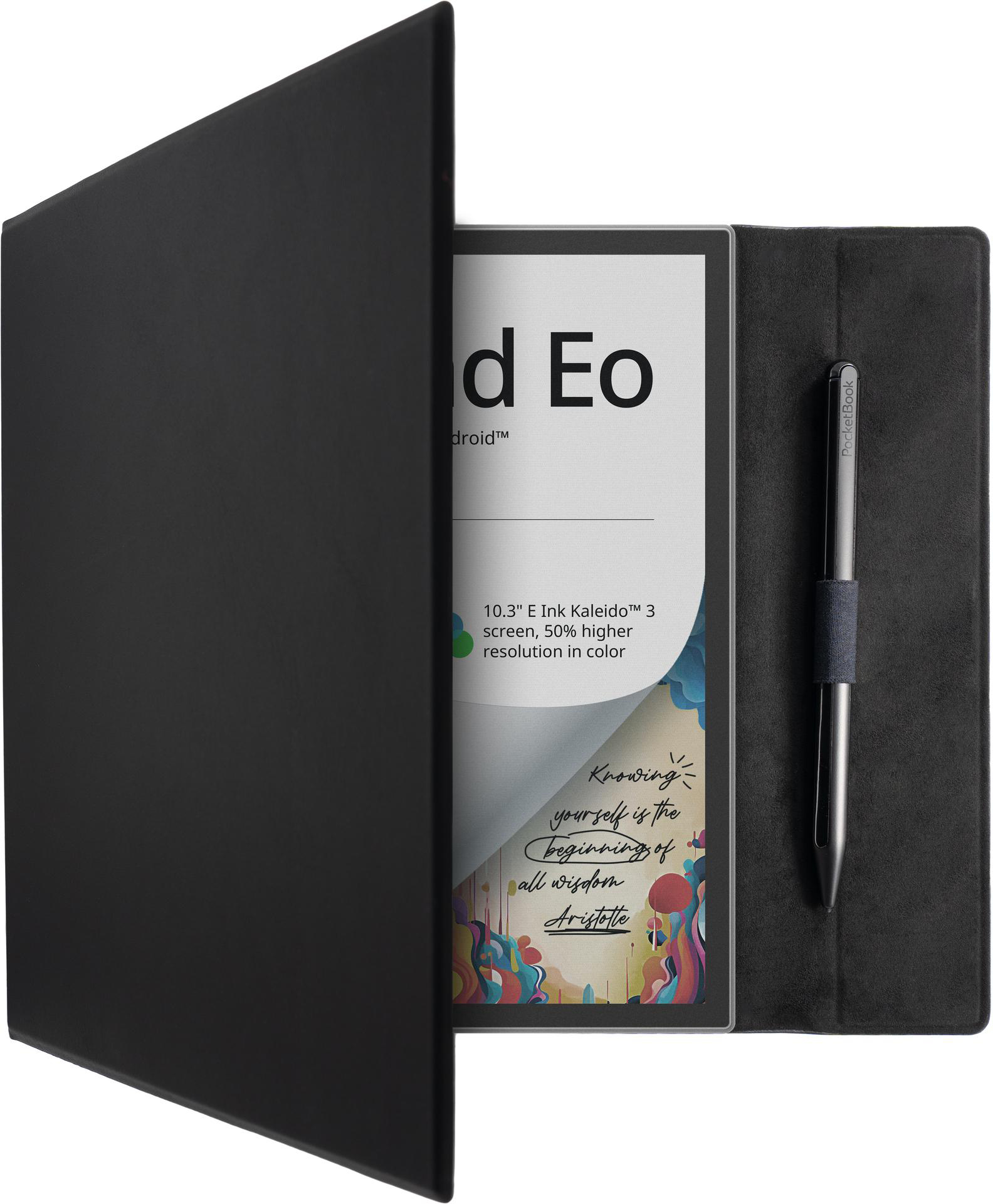 Schwarzes E-Reader-Etui mit geöffnetem E-Reader, zeigt Text und Illustrationen. Ein Stift daneben.