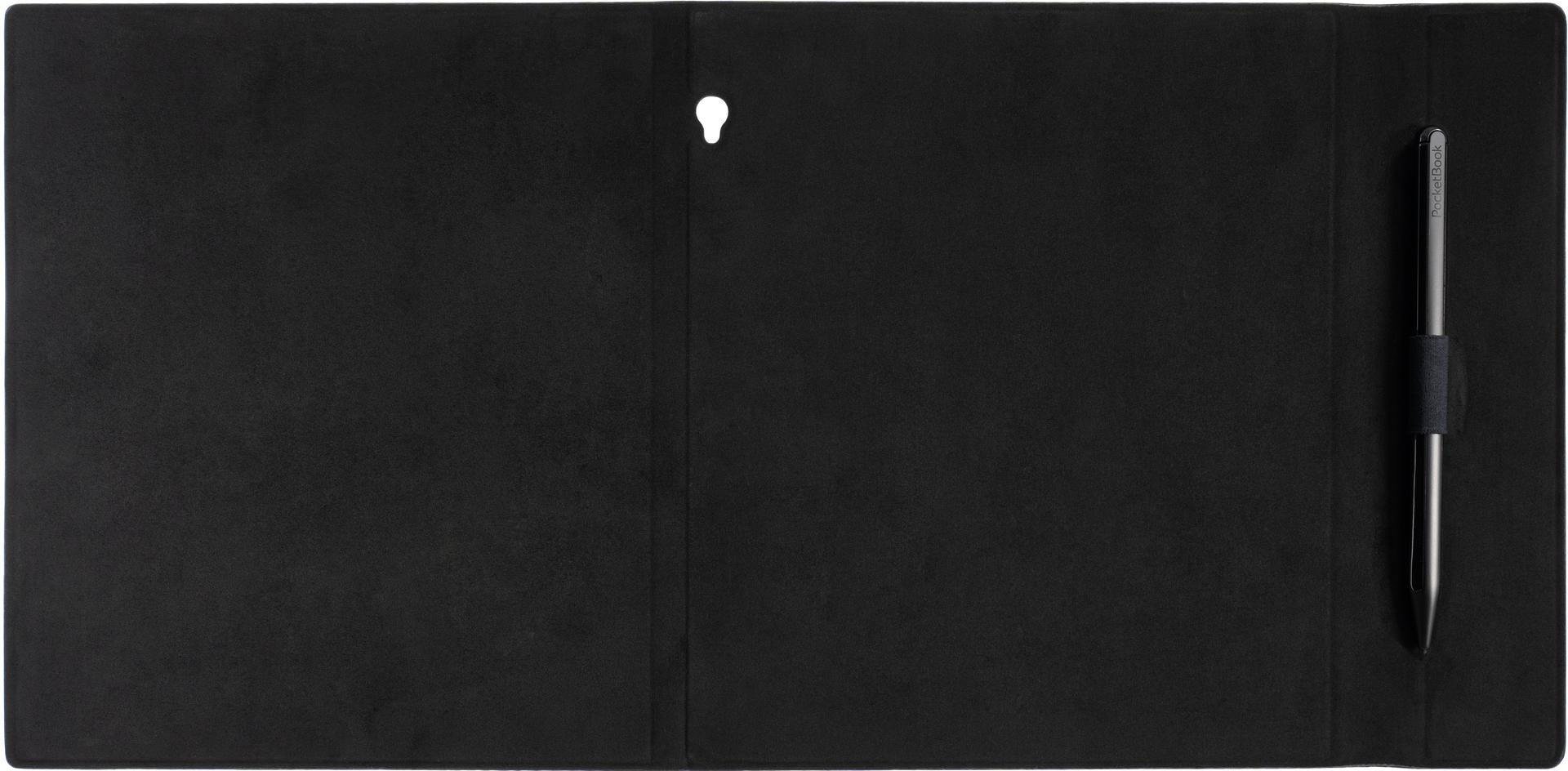 Schwarzes, offenes Folio mit Stift. Es liegt flach auf einer weißen Oberfläche.