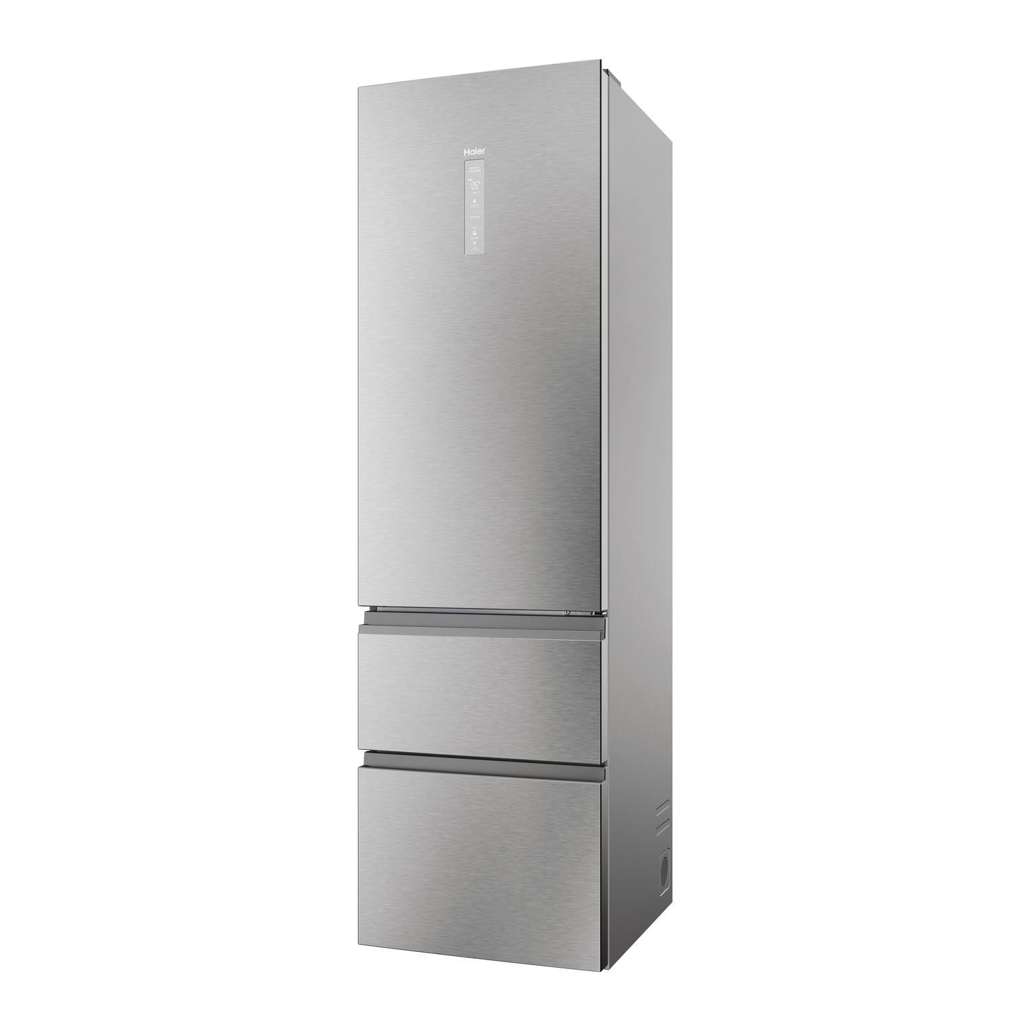 A stainless steel Haier refrigerator with two lower drawers, isolated on a white background.