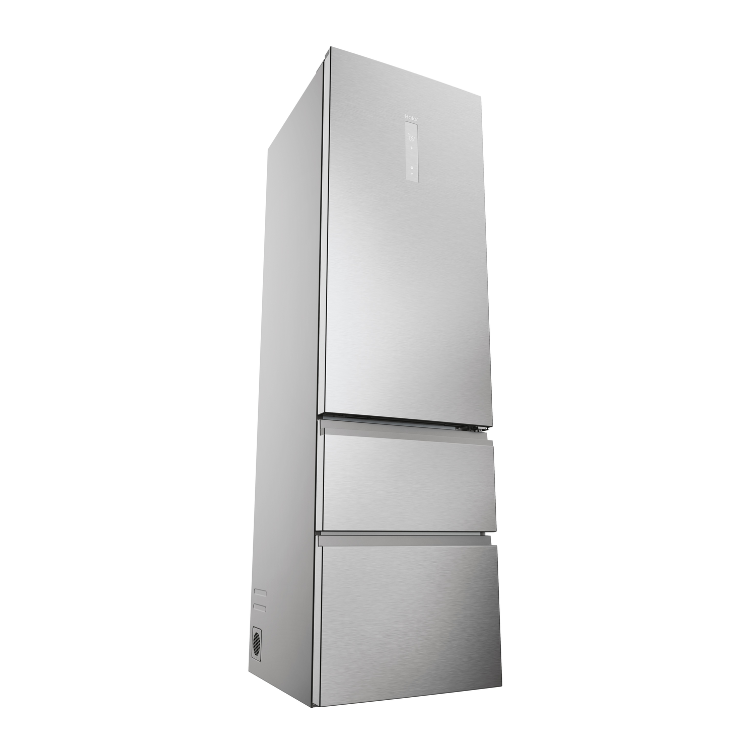 A tall, silver Haier refrigerator with two drawers and a sleek design.