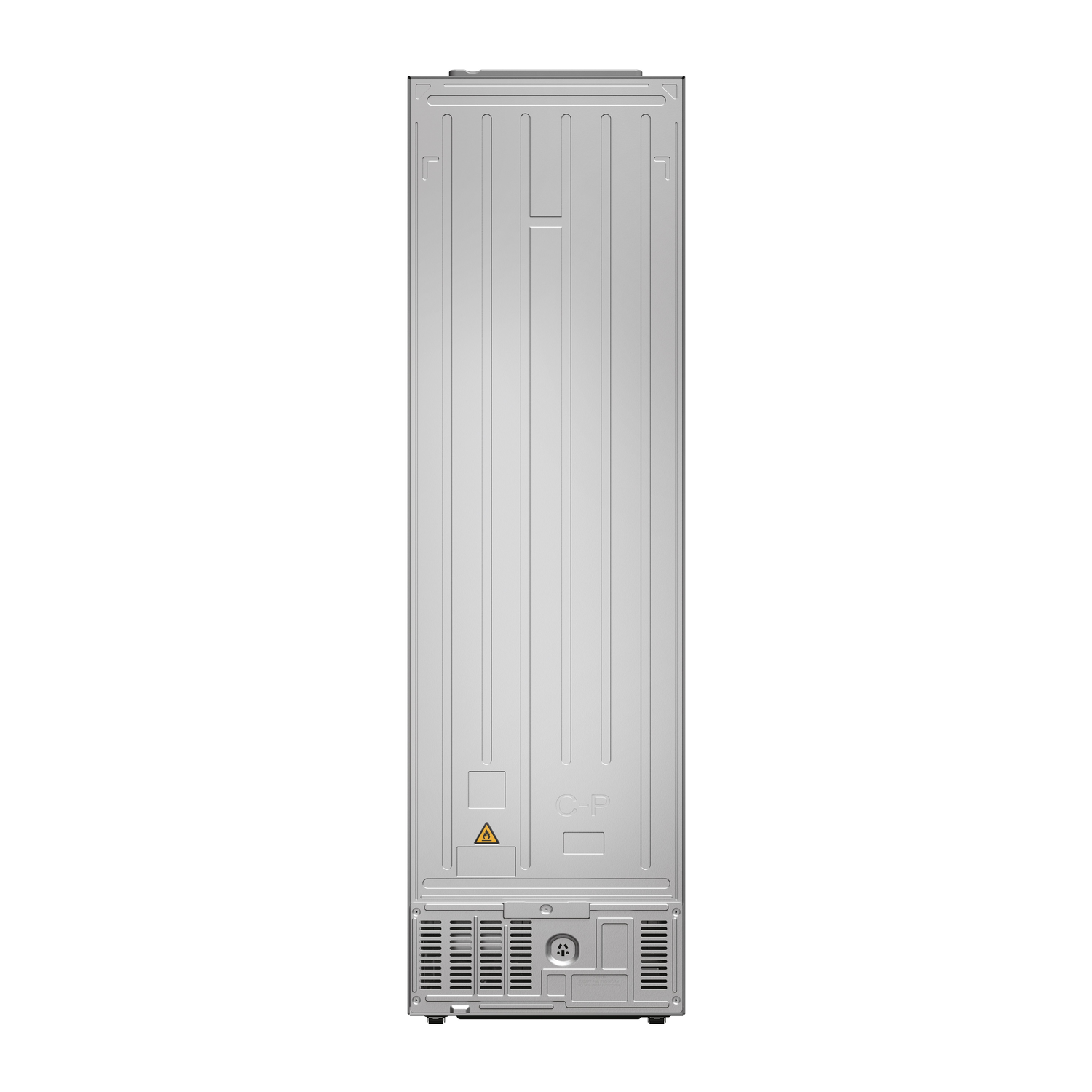 The back of a silver refrigerator on a white background. The back has a rectangular design.