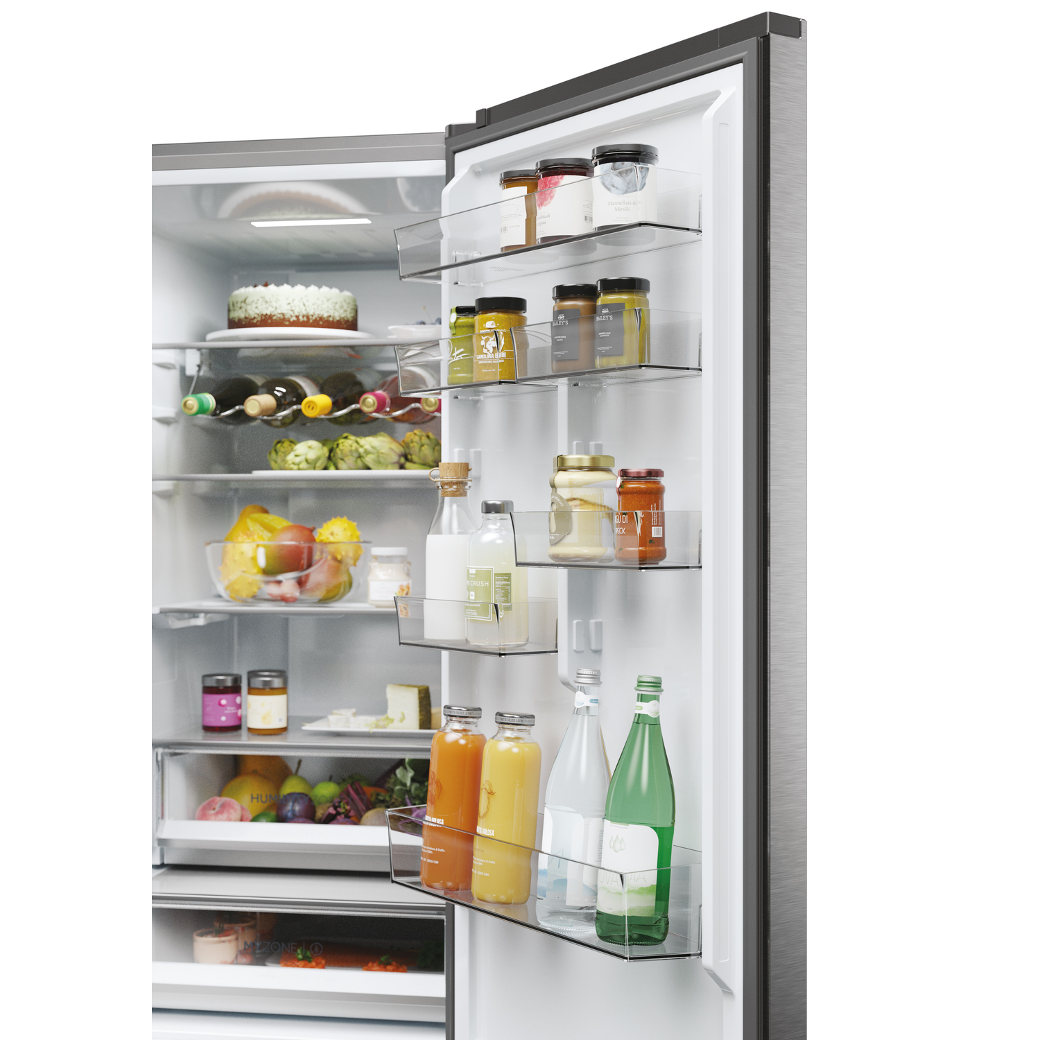 Open refrigerator with food items on shelves. Includes a cake, jars of food, fruits, and bottles.