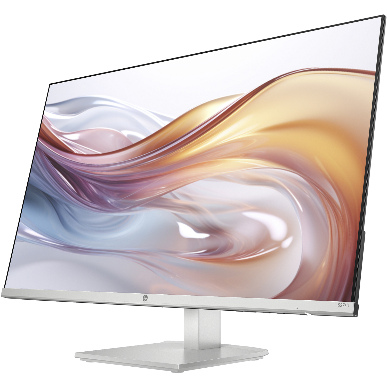 Monitor with a silver base and bezel, and a colorful abstract background.