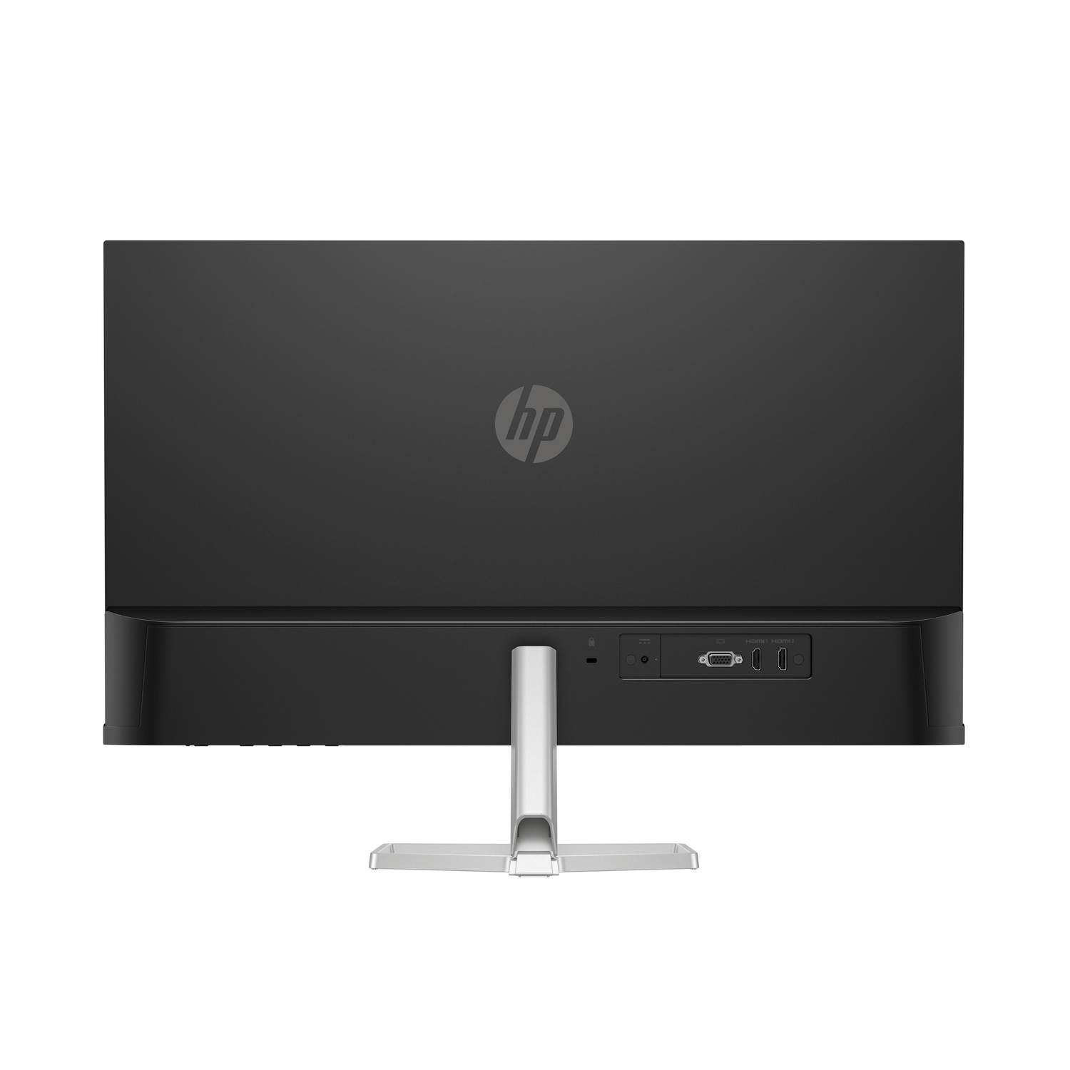 Back view of a black HP monitor with a silver stand on a white background.