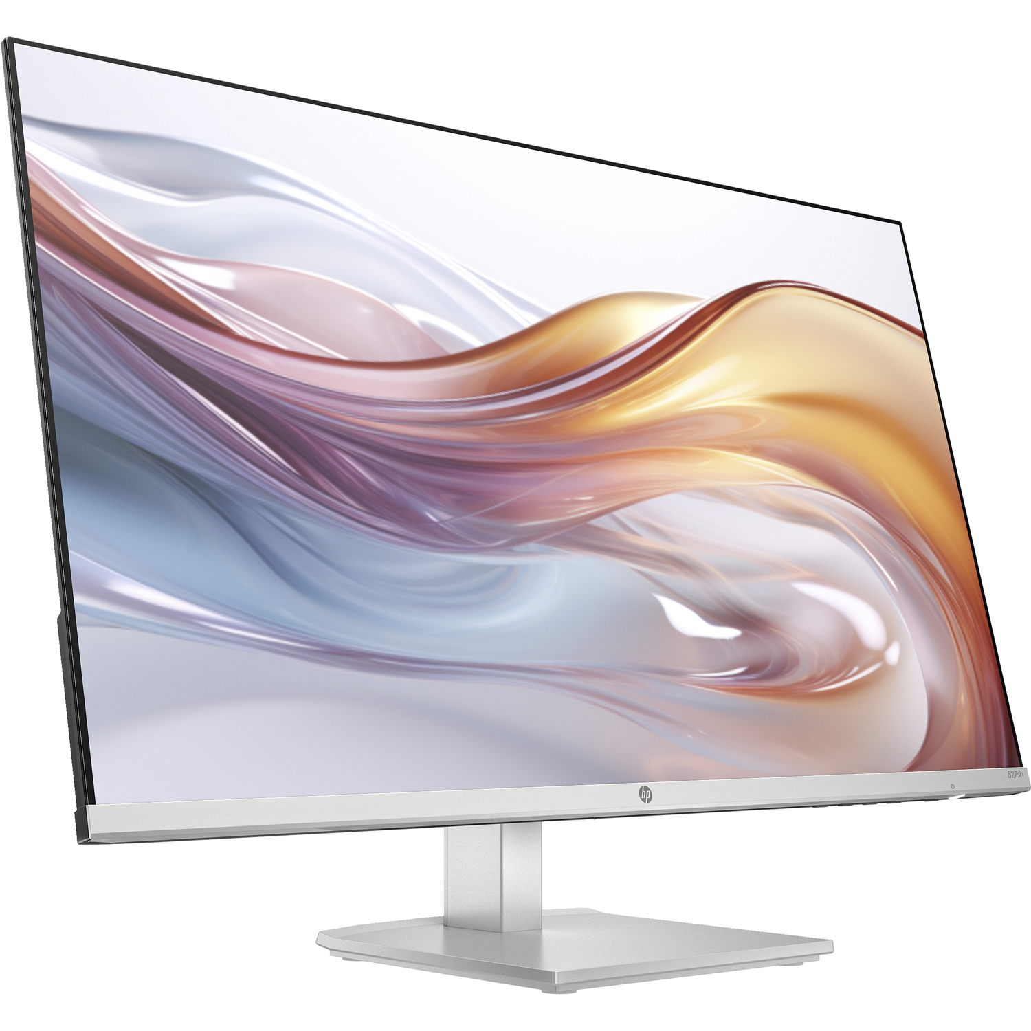 A silver computer monitor displays a colorful abstract image on a white background.