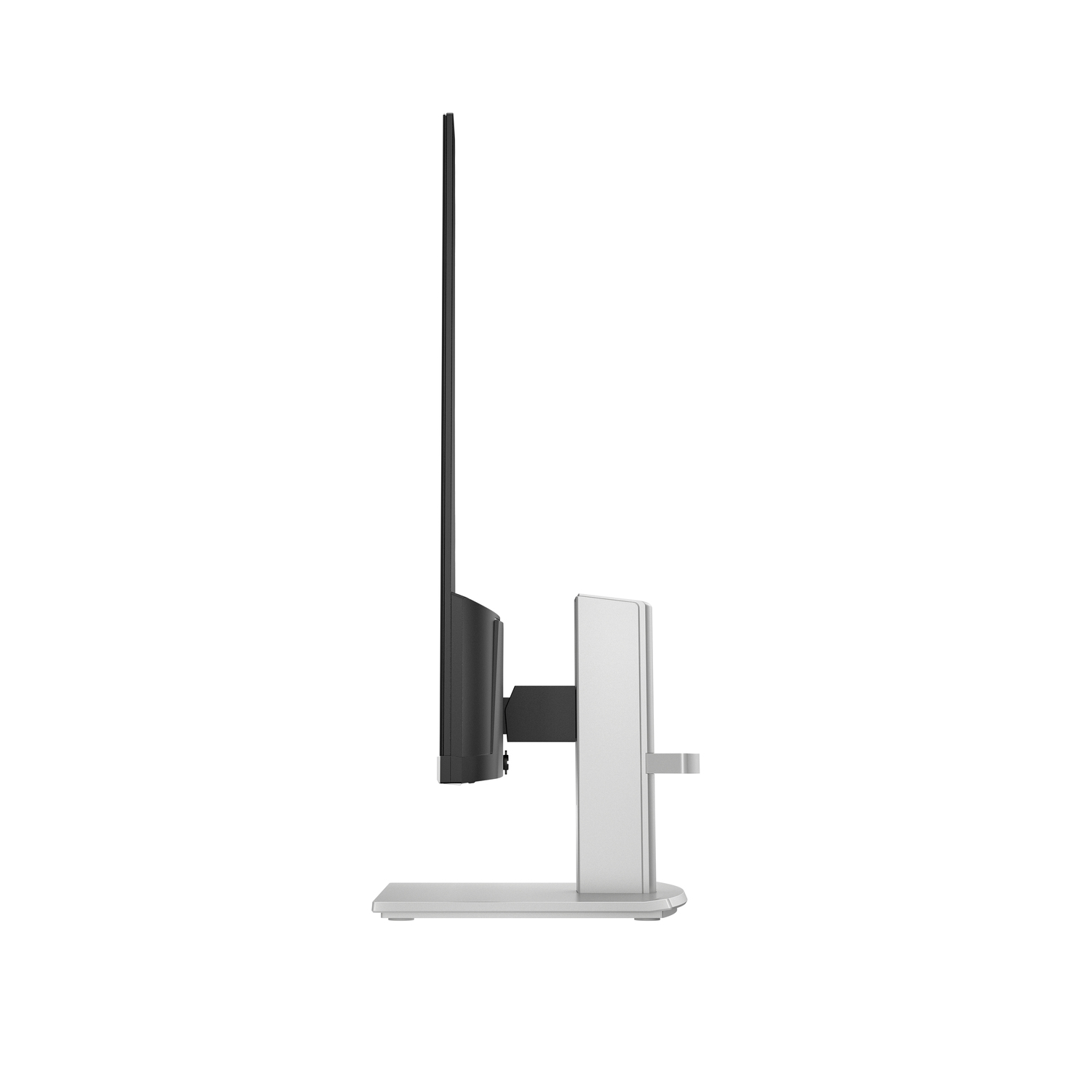 Side view of a black monitor with a white stand.