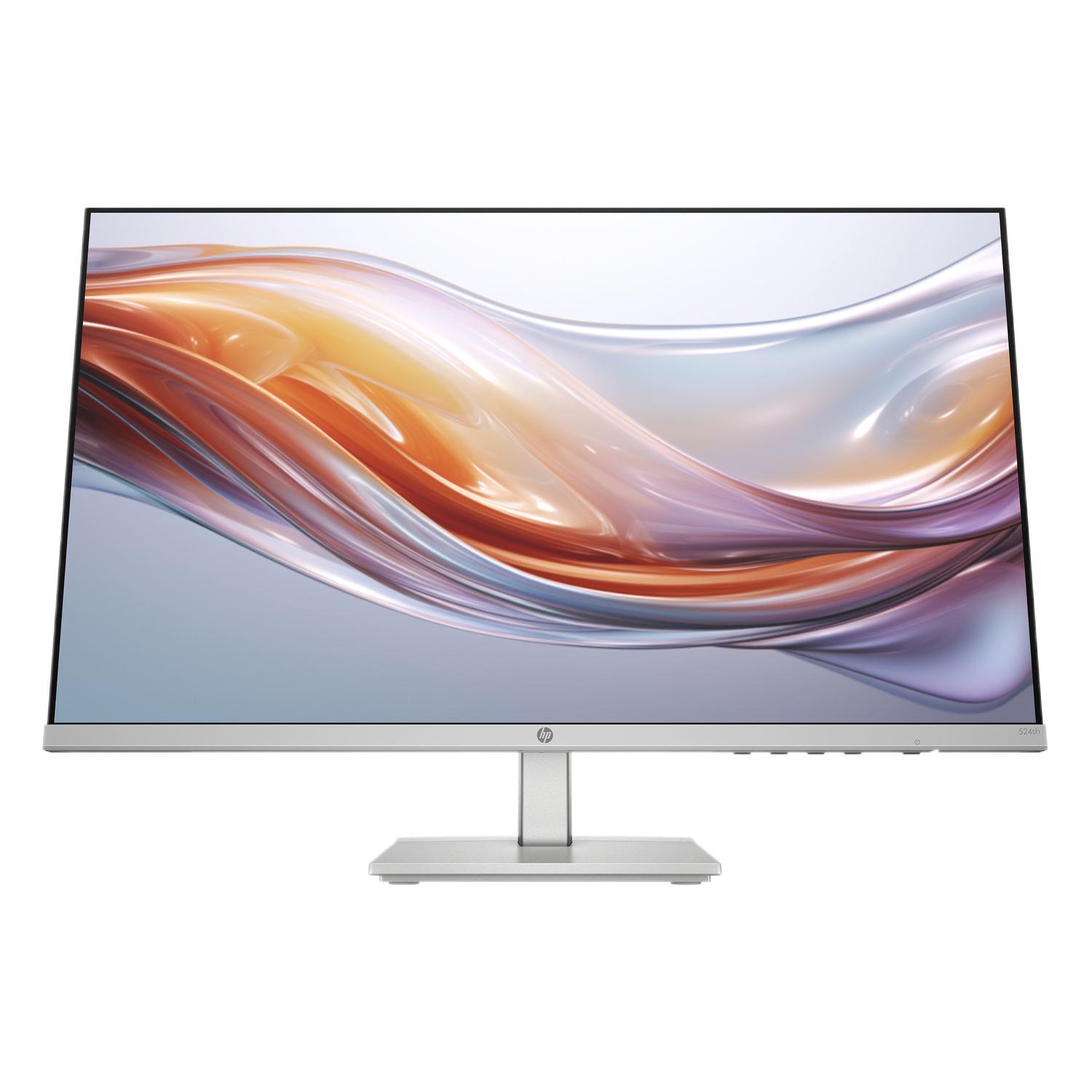 Zilveren HP monitor met een gebogen scherm, met een abstract kleurrijk golvend ontwerp.