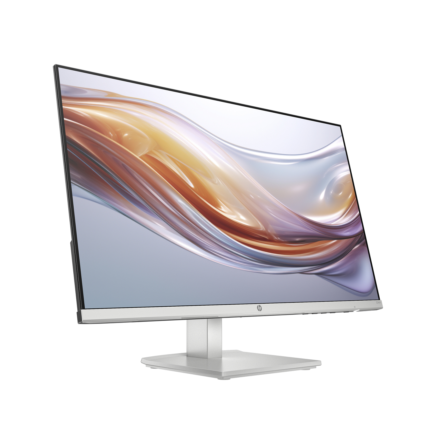 Moniteur HP argenté en angle. L'écran affiche une image abstraite et colorée.