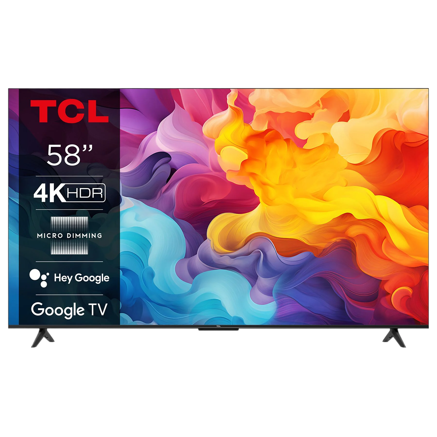 Een groot tv-scherm. Het scherm toont kleurrijke abstracte kunst. De tv heeft Google TV-logo's.
