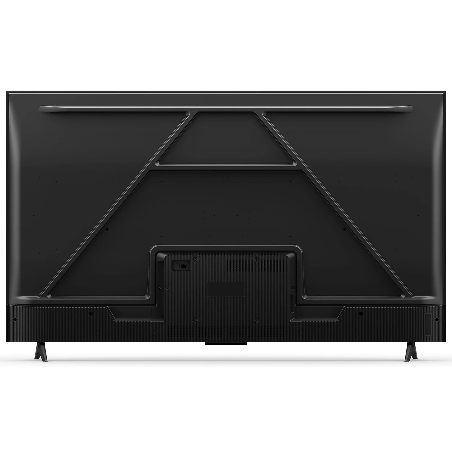 Achterkant van een zwarte TCL tv met standaard, toont het achterpaneel.