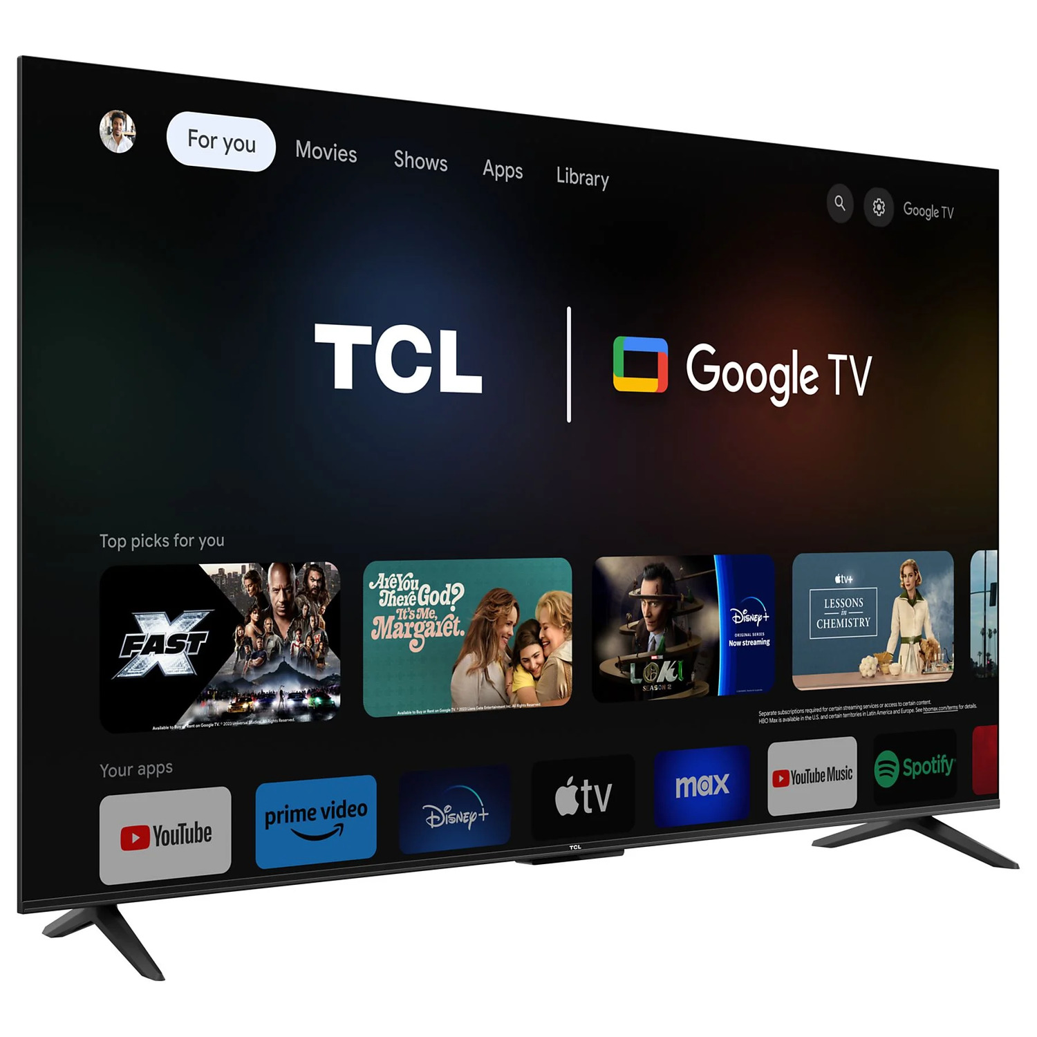 Een grote zwarte TCL Google TV met een kleurrijke gebruikersinterface.