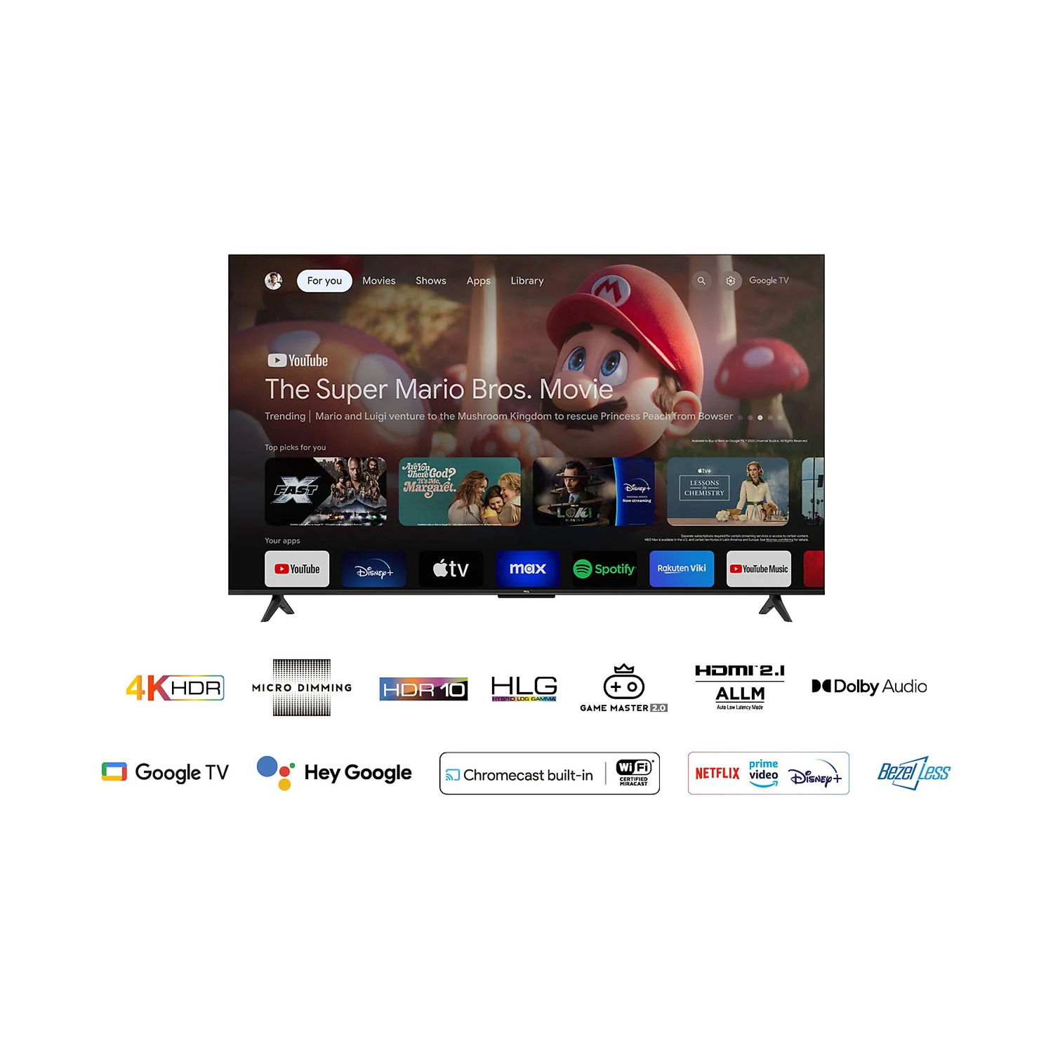 Een tv-scherm toont de Super Mario Bros. Movie-interface, met diverse app-pictogrammen.