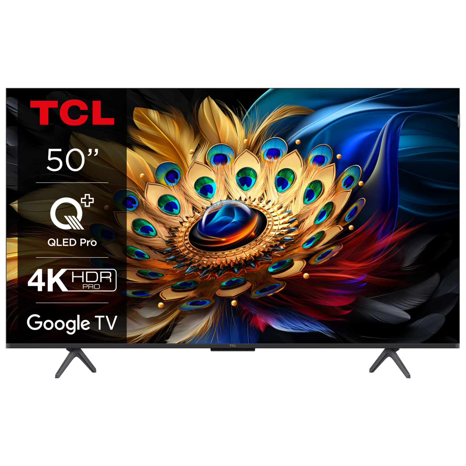 TV TCL 50" avec design paon et logo Google TV.