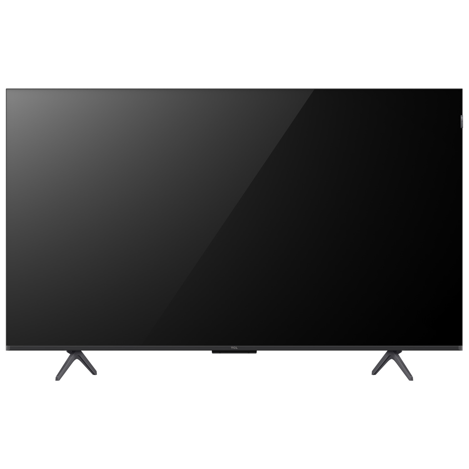 Une grande télévision noire avec des pieds fins, isolée sur fond blanc.